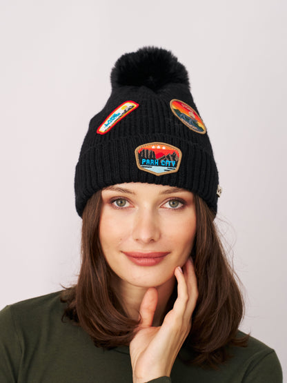 Black Vintage Havana RIBBED POMPOM BEANIE WITH LAKE TAHOE PATCH - BLACK