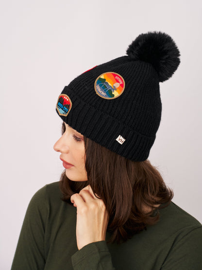Black Vintage Havana RIBBED POMPOM BEANIE WITH LAKE TAHOE PATCH - BLACK