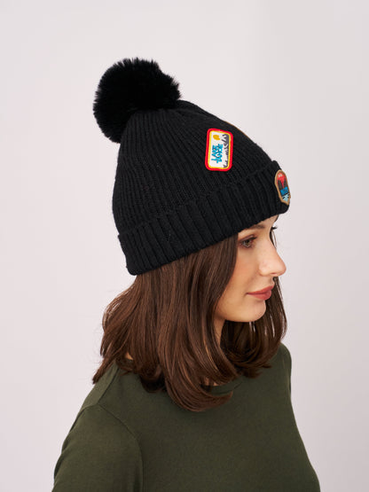 Black Vintage Havana RIBBED POMPOM BEANIE WITH LAKE TAHOE PATCH - BLACK
