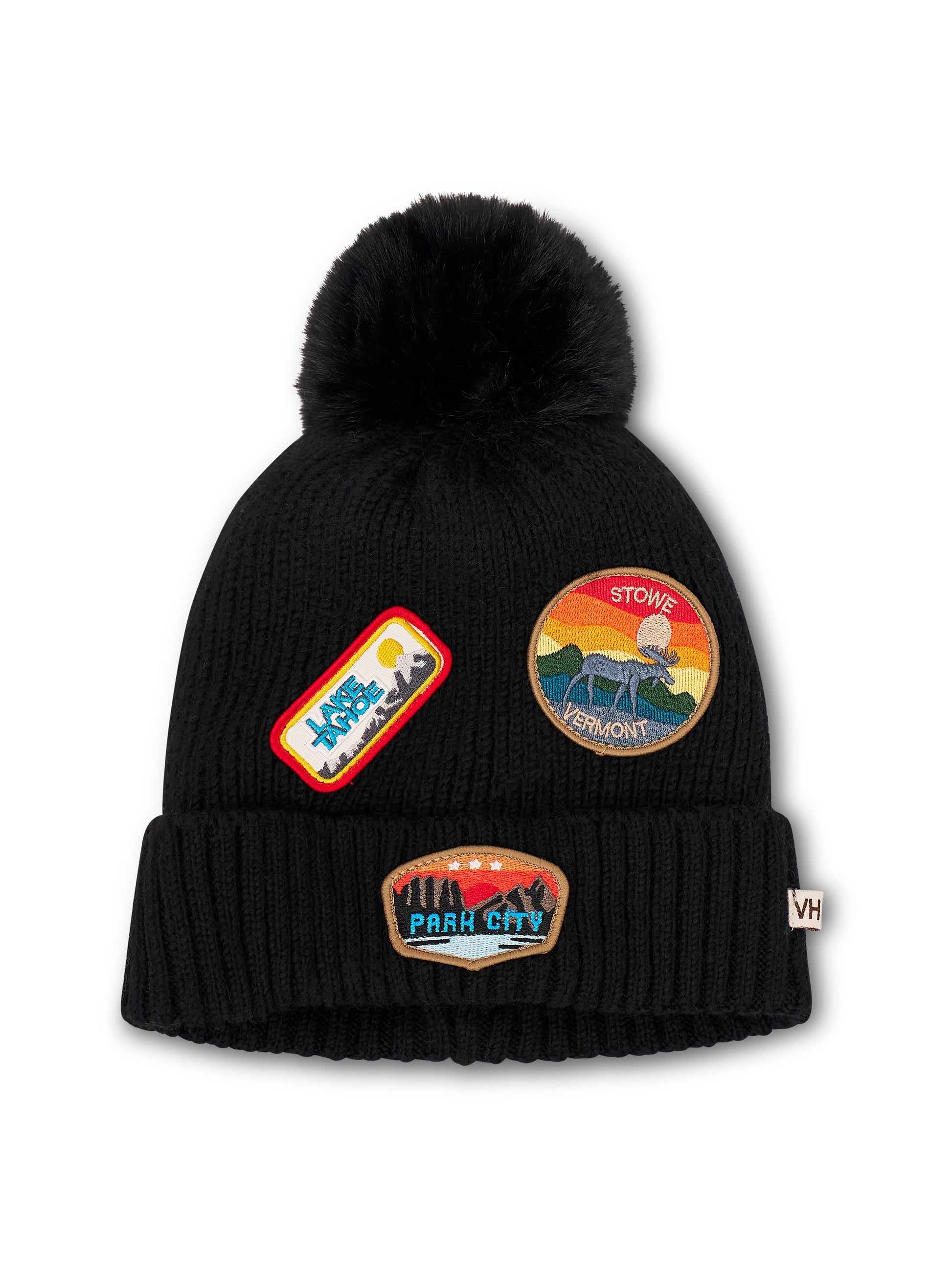 Black Vintage Havana RIBBED POMPOM BEANIE WITH LAKE TAHOE PATCH - BLACK