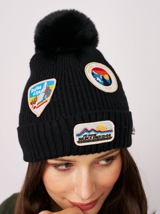 Black Vintage Havana RIBBED POMPOM BEANIE WITH SWISS ALP PATCH - BLACK