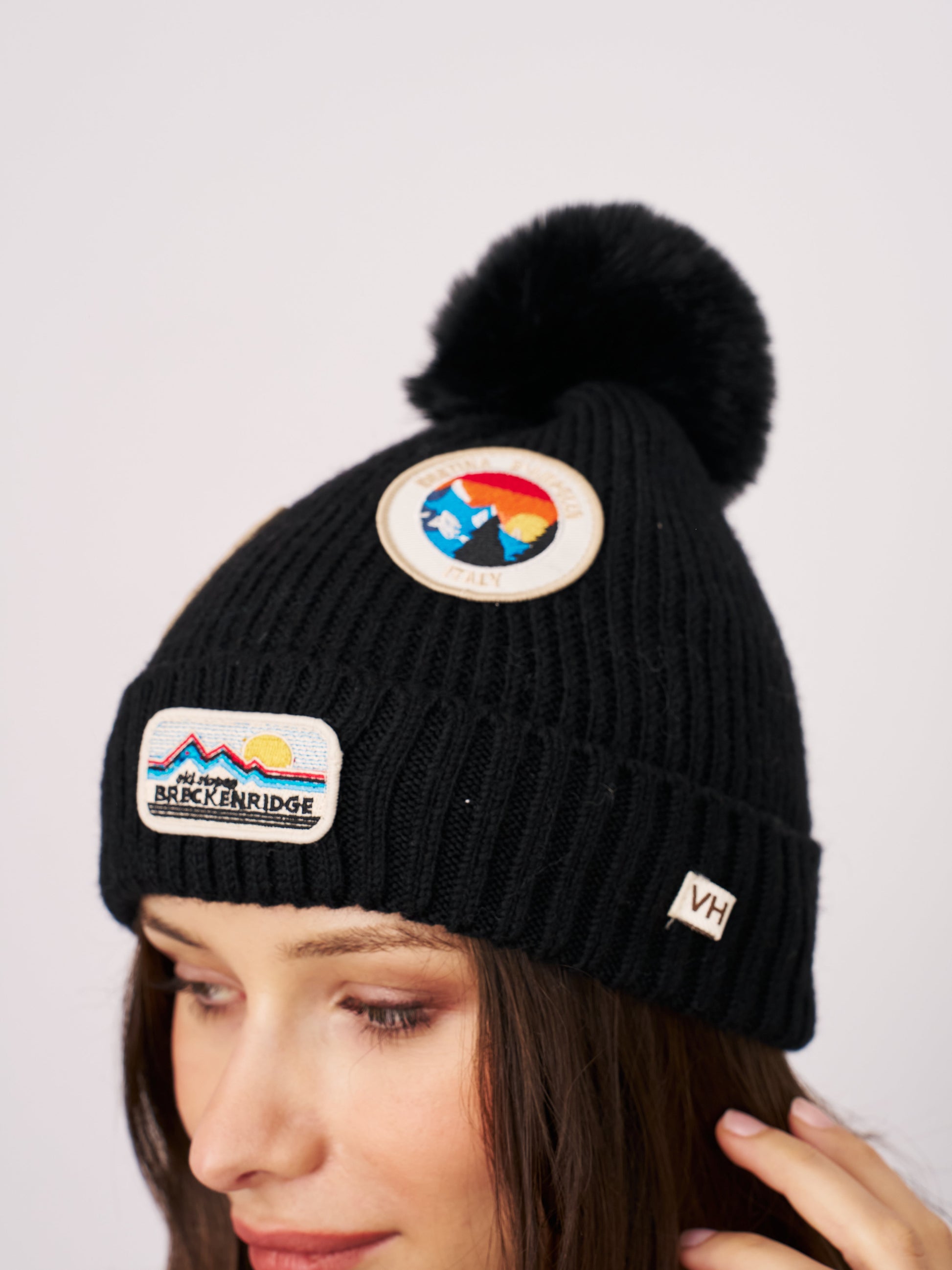 Black Vintage Havana RIBBED POMPOM BEANIE WITH SWISS ALP PATCH - BLACK