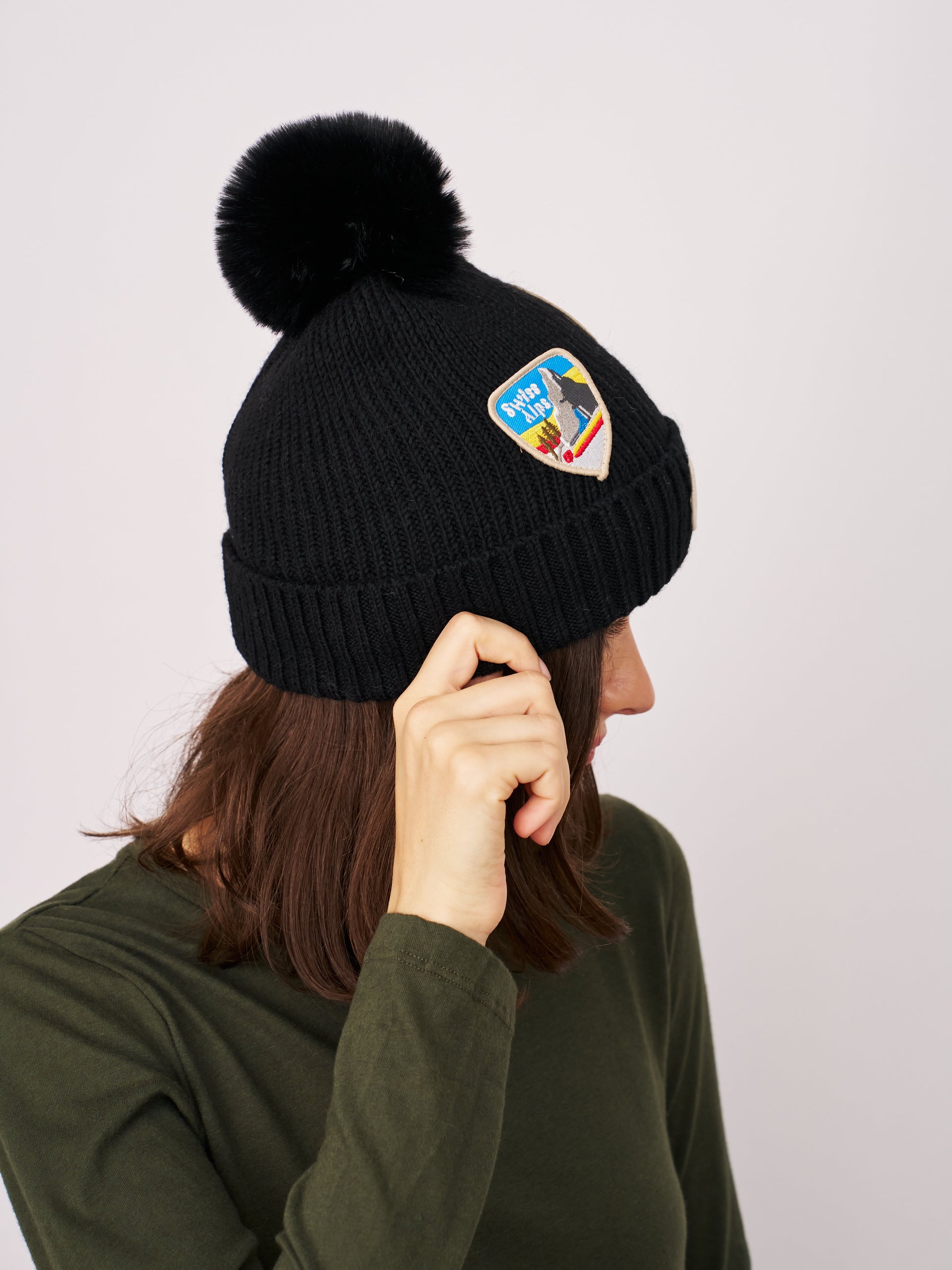 Black Vintage Havana RIBBED POMPOM BEANIE WITH SWISS ALP PATCH - BLACK