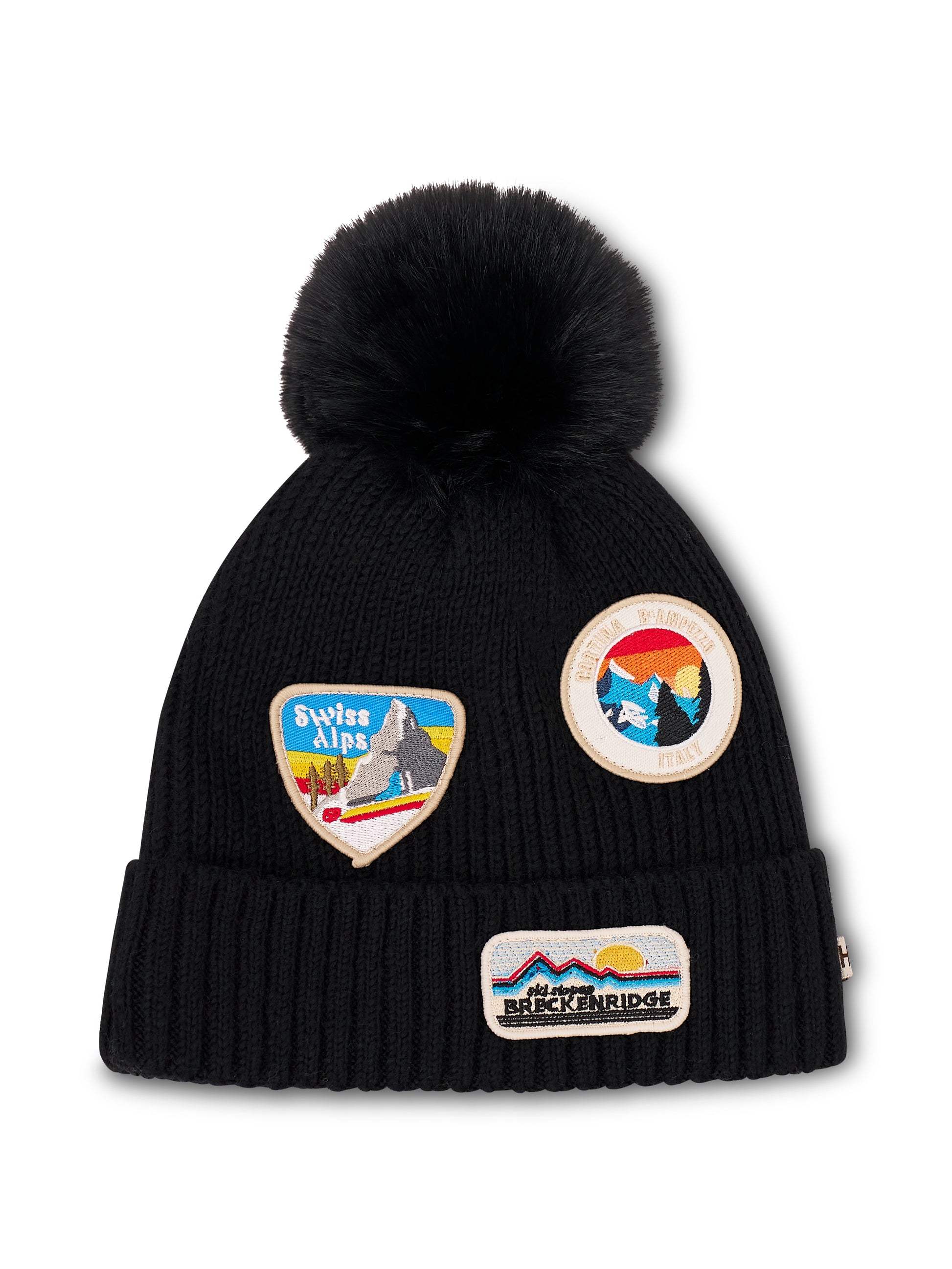 Black Vintage Havana RIBBED POMPOM BEANIE WITH SWISS ALP PATCH - BLACK