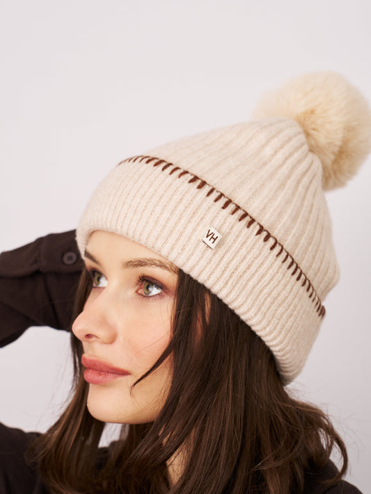 Ivory/Tan Vintage Havana RIBBED POMPOM BEANIE - IVORY/TAN