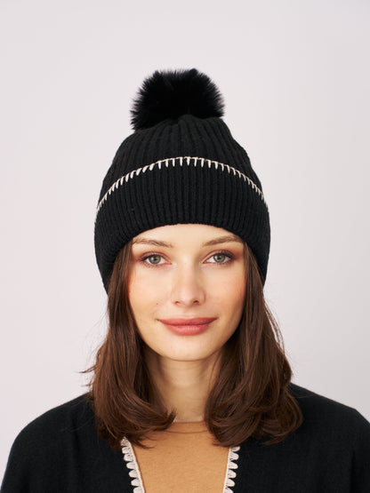 Black/Ivory Vintage Havana RIBBED POMPOM BEANIE - BLACK/IVORY