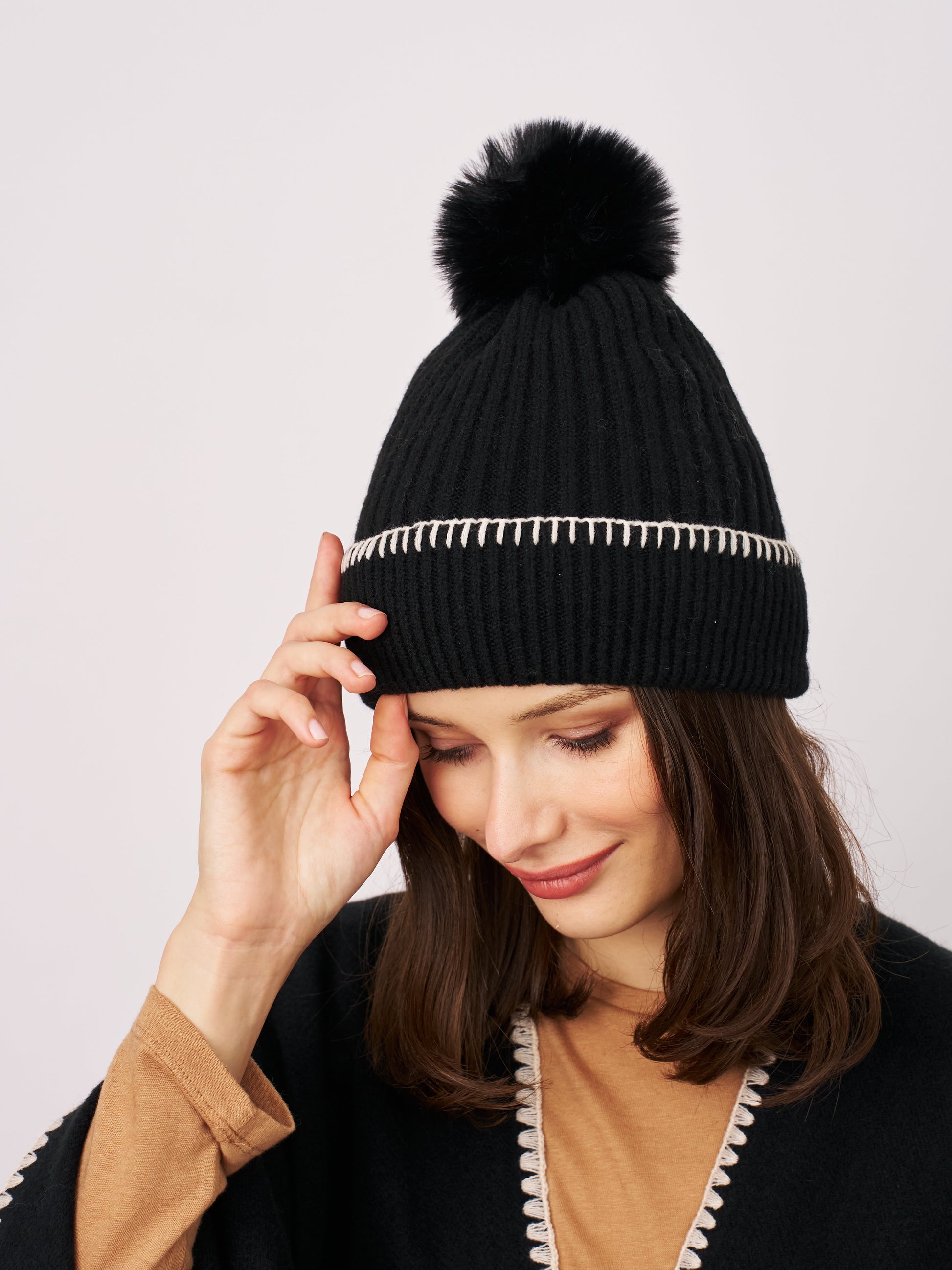 Black/Ivory Vintage Havana RIBBED POMPOM BEANIE - BLACK/IVORY