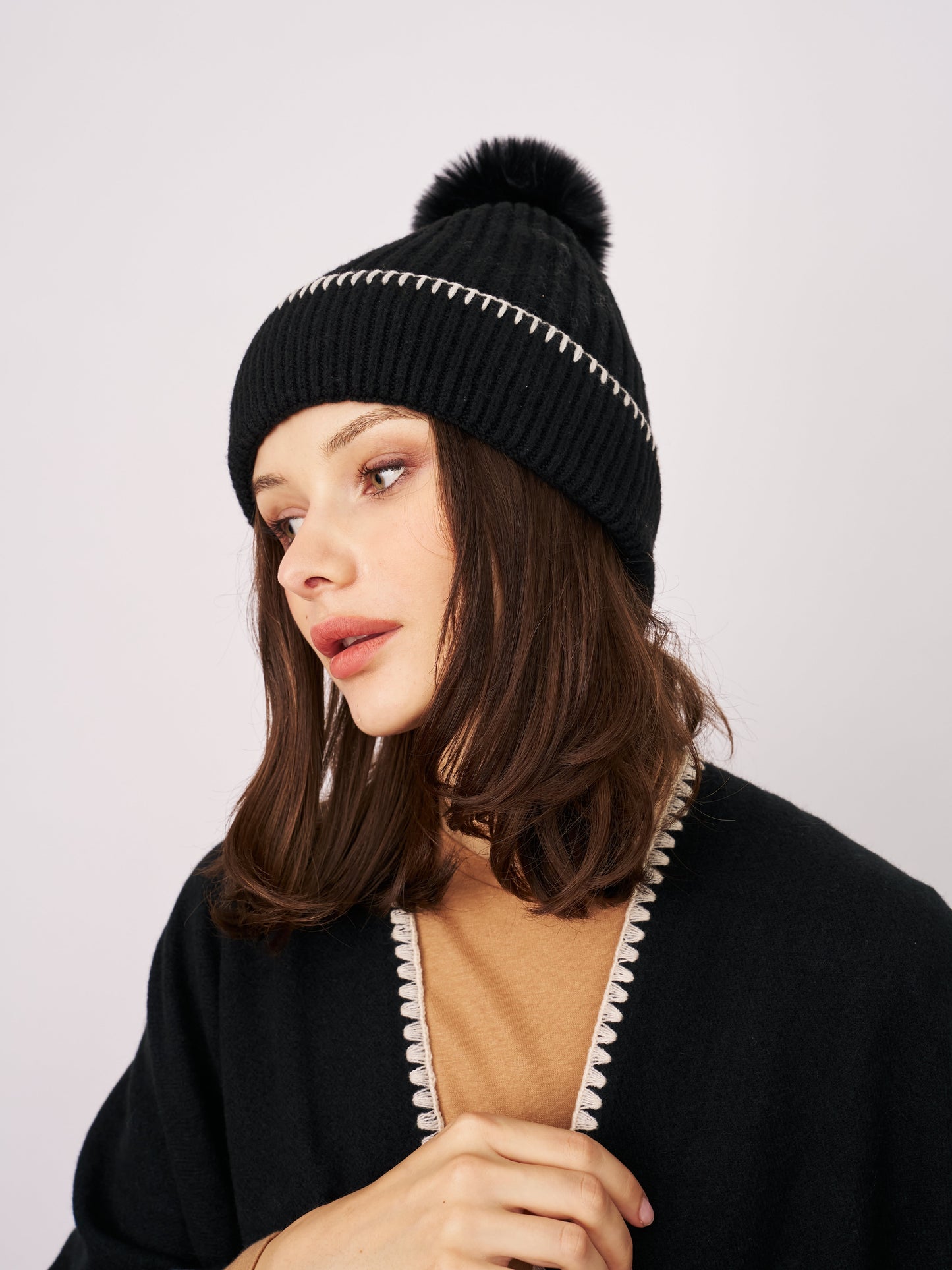 Black/Ivory Vintage Havana RIBBED POMPOM BEANIE - BLACK/IVORY