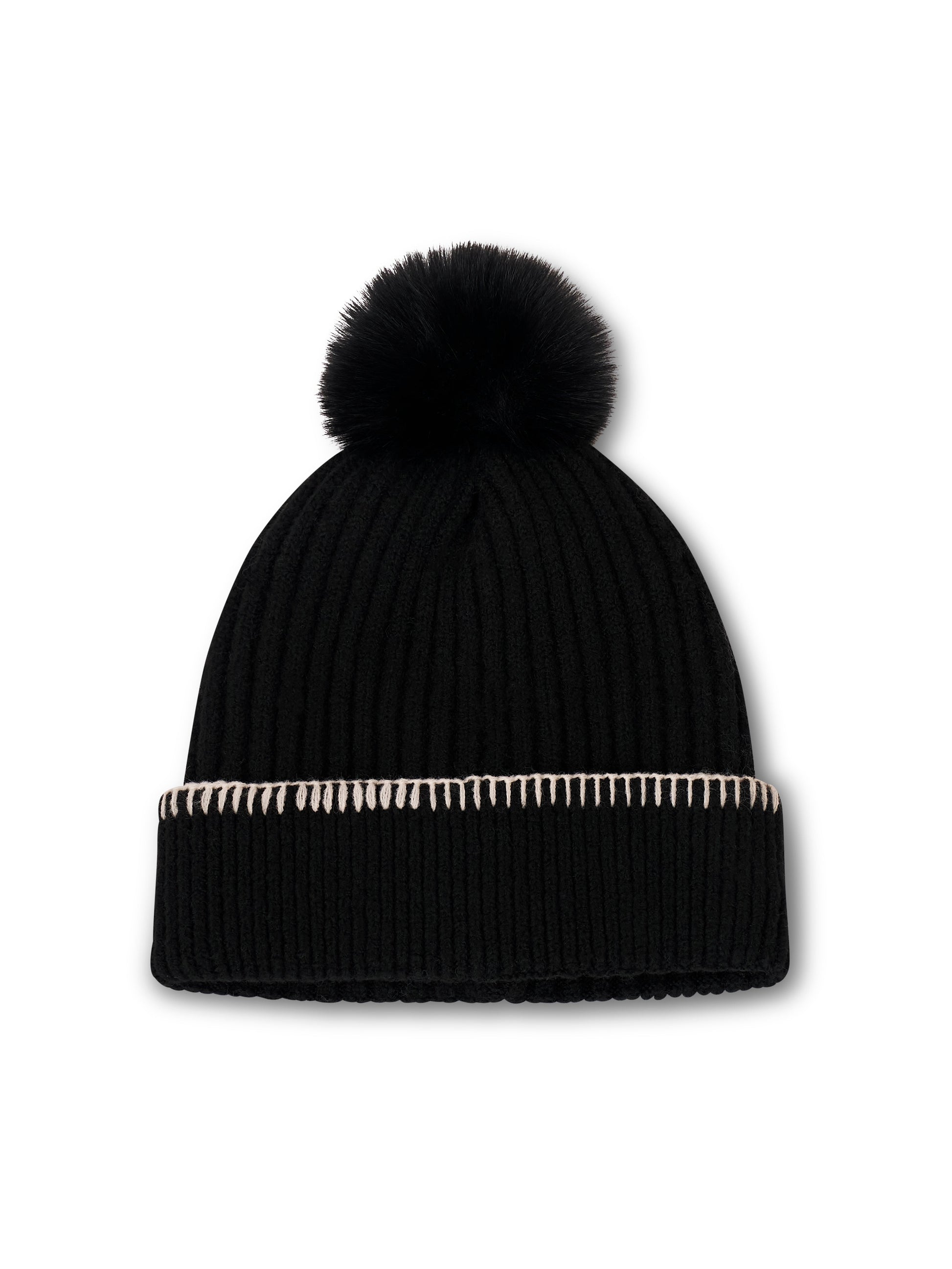 Black/Ivory Vintage Havana RIBBED POMPOM BEANIE - BLACK/IVORY