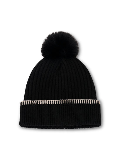 Black/Ivory Vintage Havana RIBBED POMPOM BEANIE - BLACK/IVORY