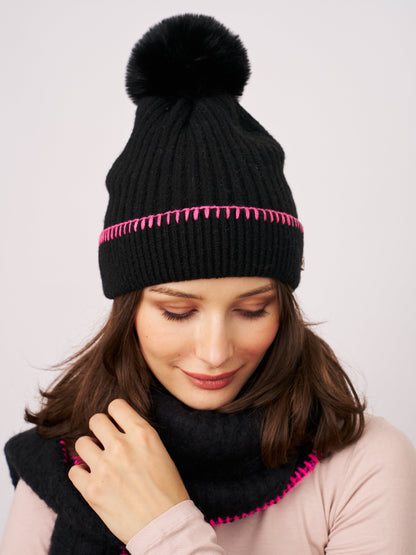 Black/Pink Vintage Havana RIBBED POMPOM BEANIE - BLACK/PINK