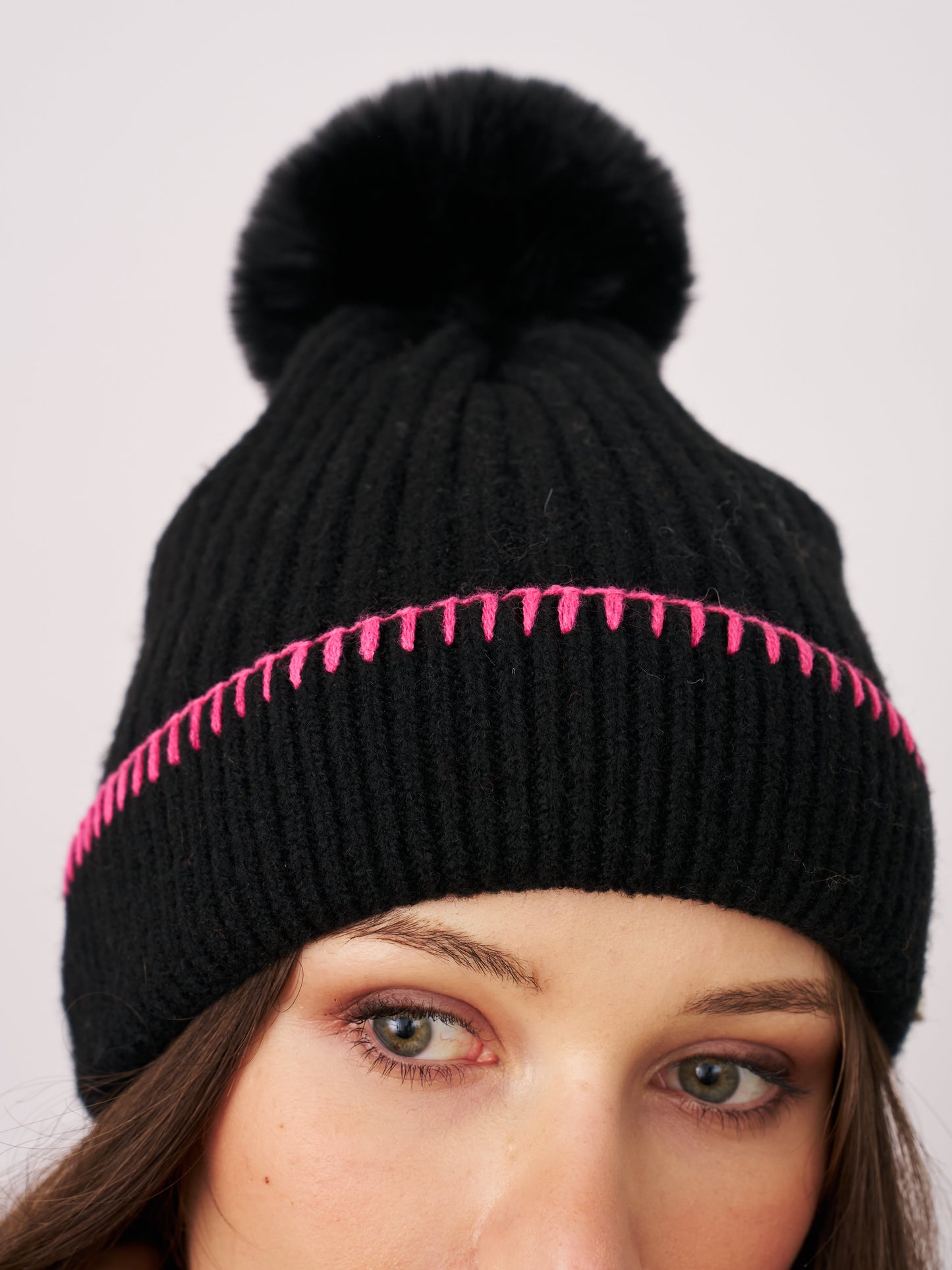 Black/Pink Vintage Havana RIBBED POMPOM BEANIE - BLACK/PINK