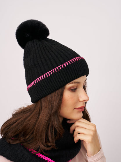 Black/Pink Vintage Havana RIBBED POMPOM BEANIE - BLACK/PINK