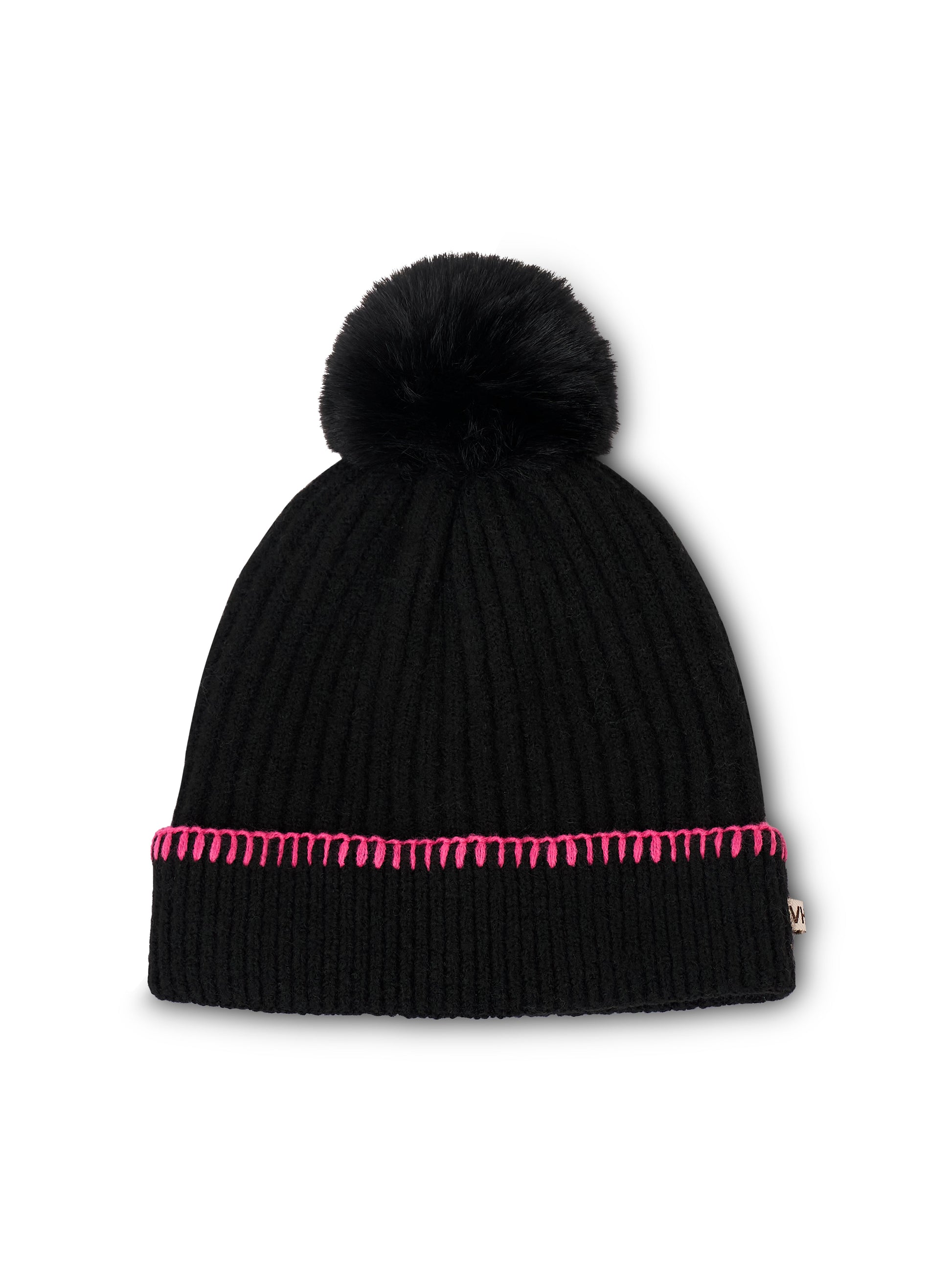 Black/Pink Vintage Havana RIBBED POMPOM BEANIE - BLACK/PINK