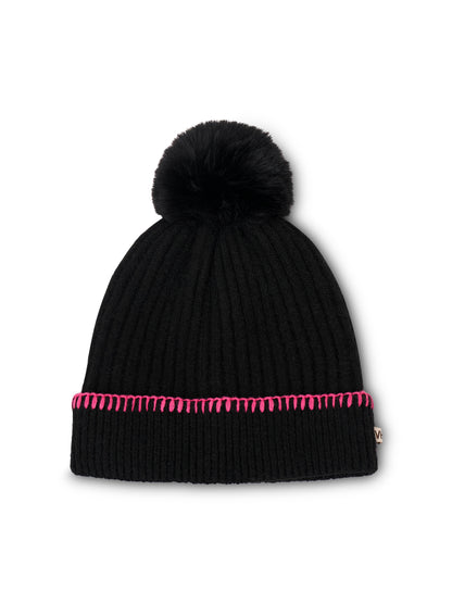 Black/Pink Vintage Havana RIBBED POMPOM BEANIE - BLACK/PINK