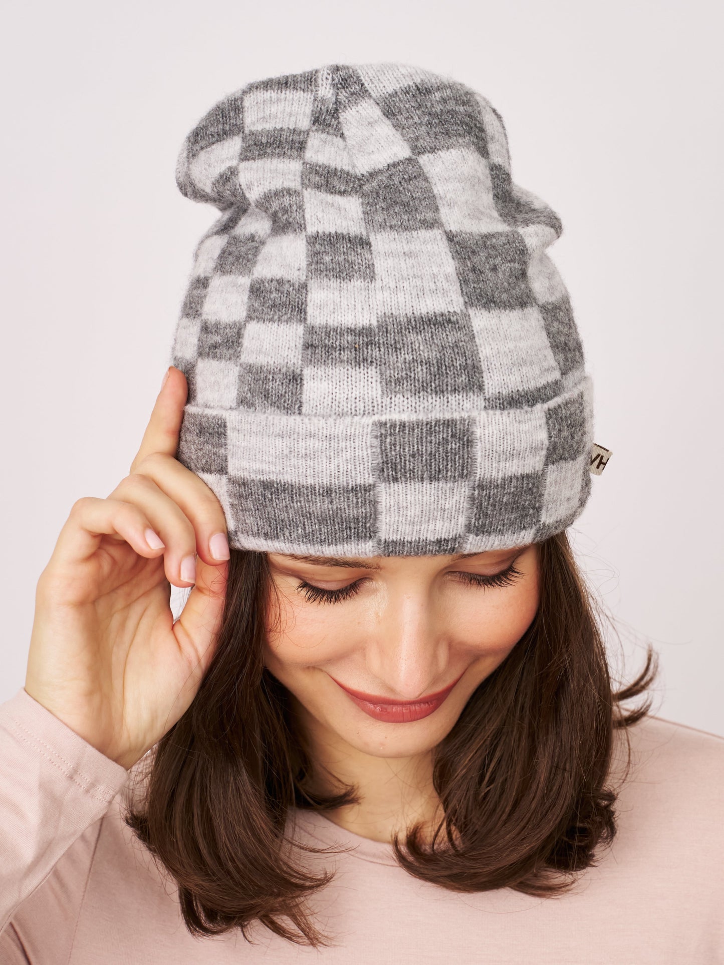 Grey Vintage Havana CHECK PATTERN BEANIE - GREY