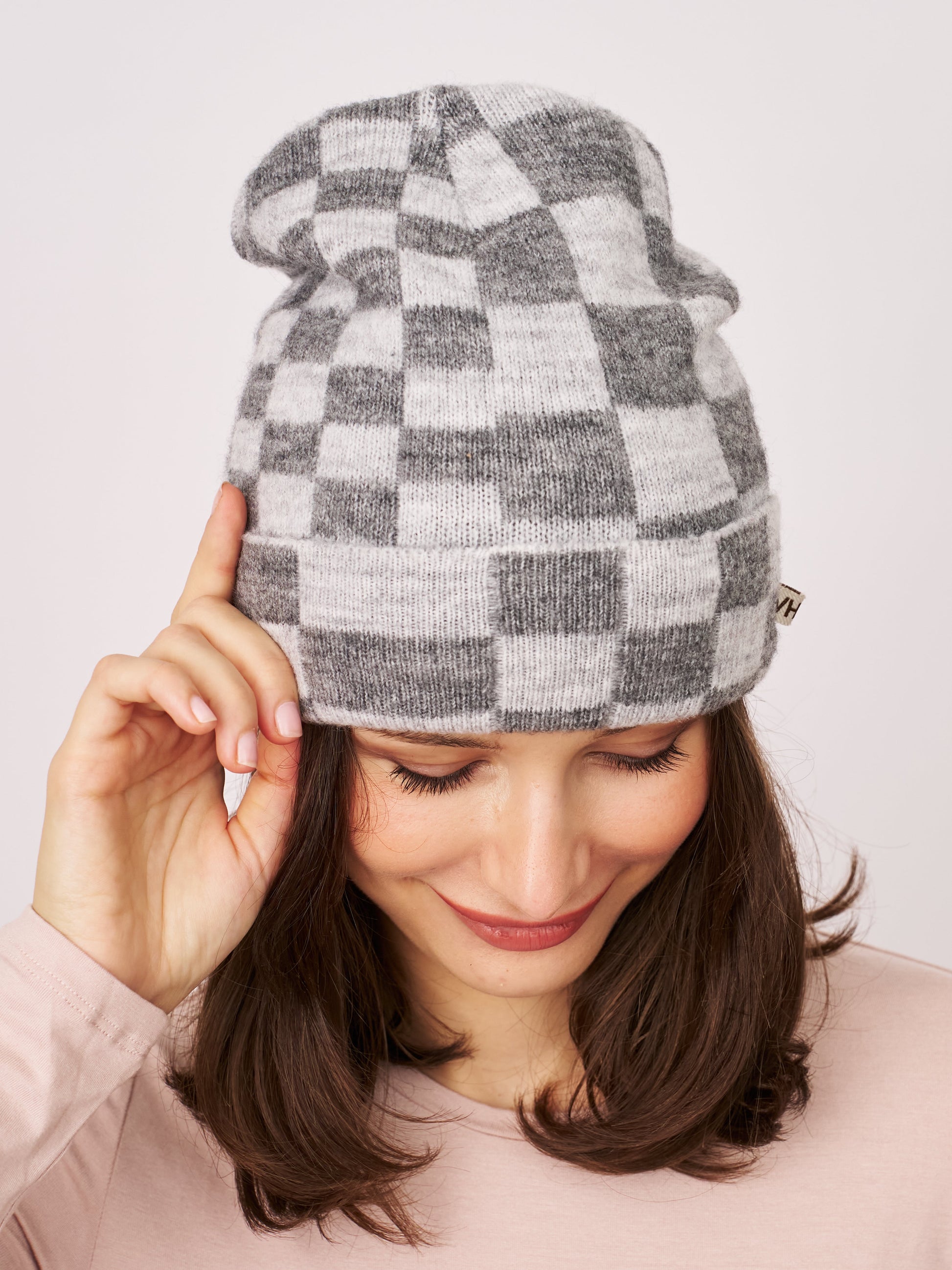 Grey Vintage Havana CHECK PATTERN BEANIE - GREY