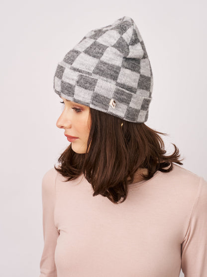 Grey Vintage Havana CHECK PATTERN BEANIE - GREY