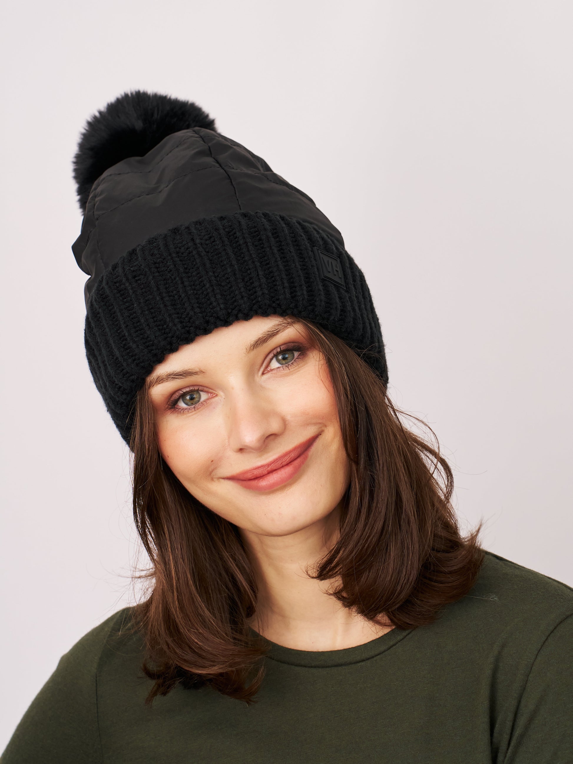 Black Vintage Havana PUFFER POMPOM HAT - BLACK