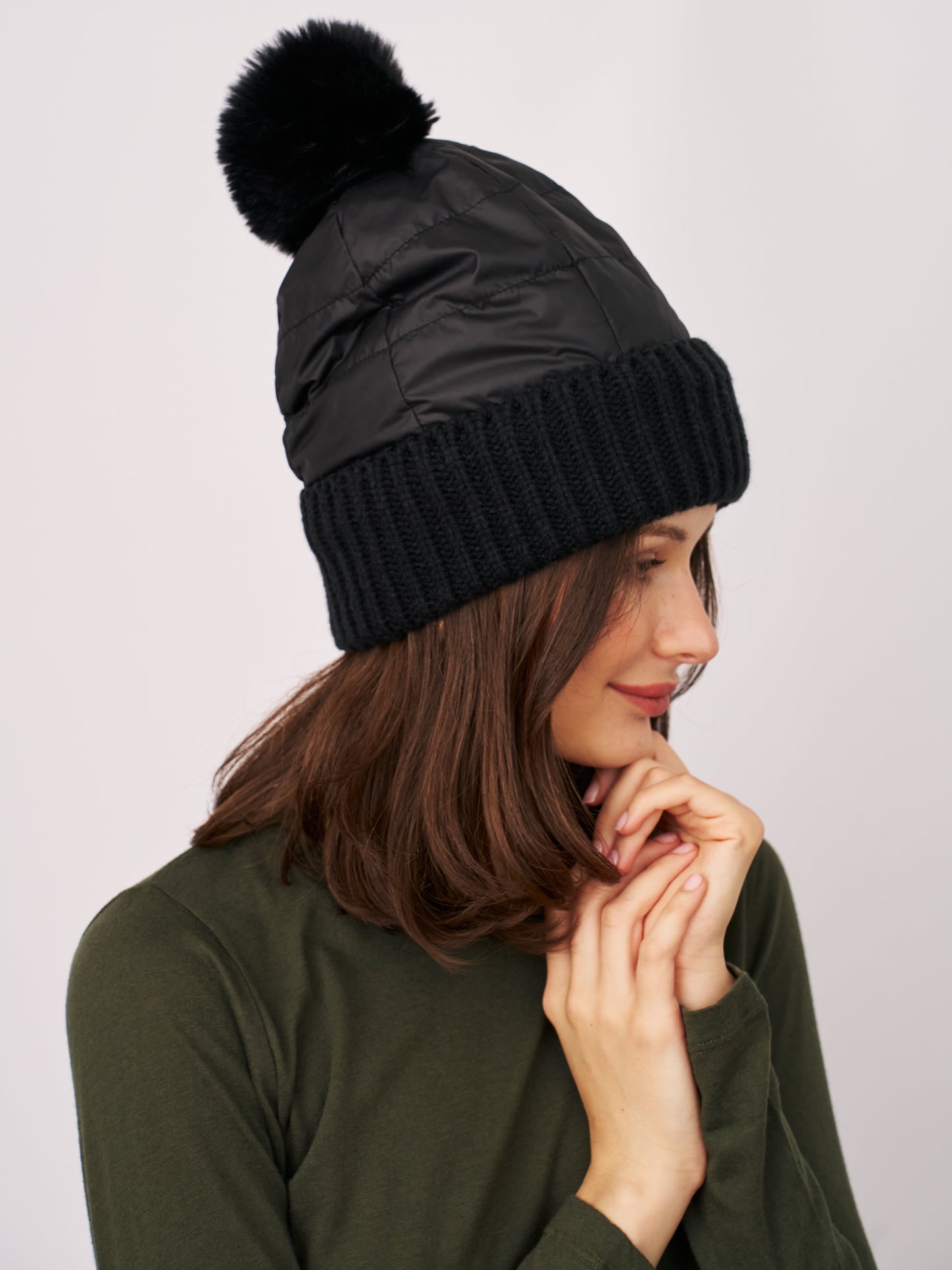 Black Vintage Havana PUFFER POMPOM HAT - BLACK