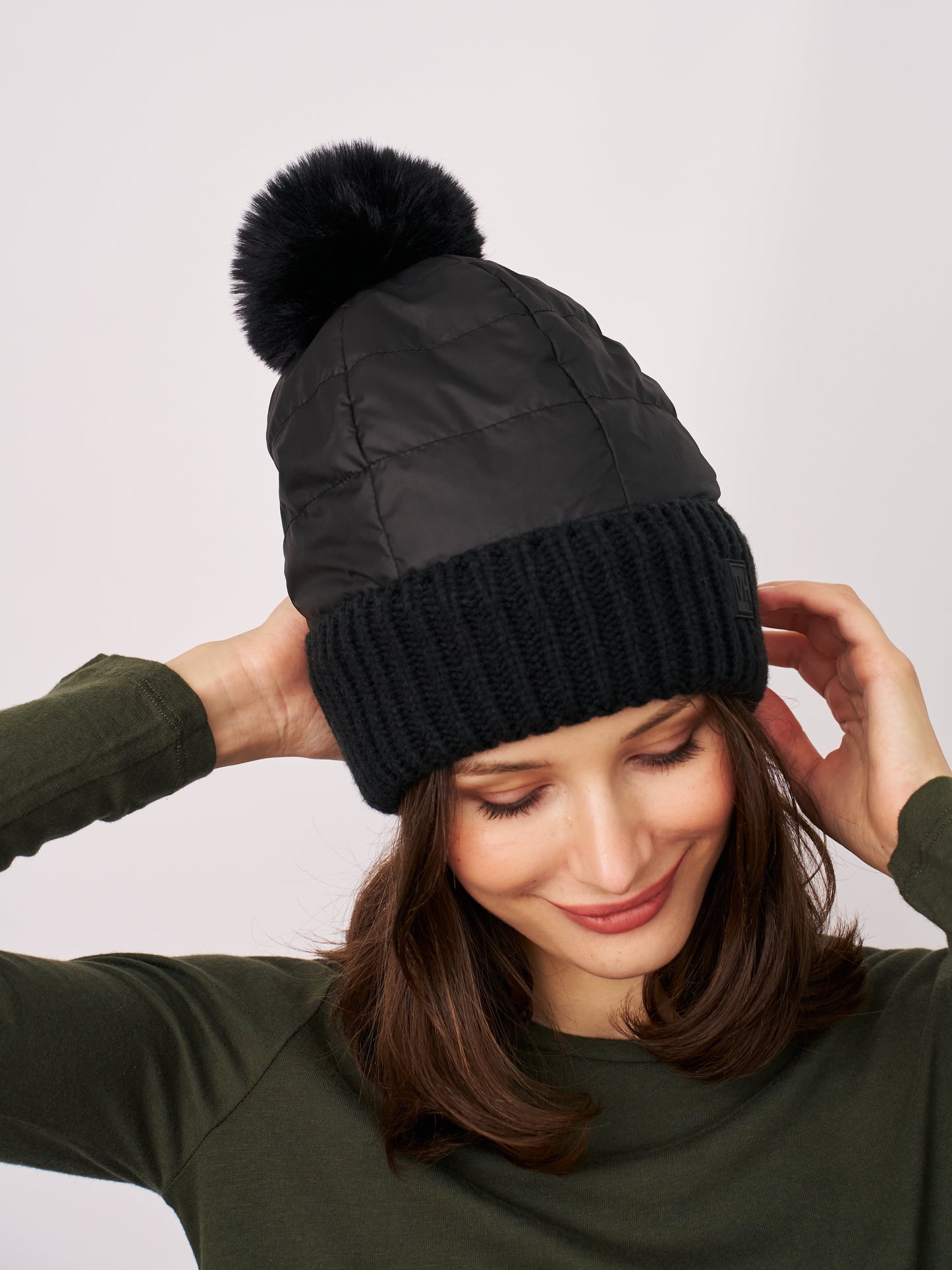 Black Vintage Havana PUFFER POMPOM HAT - BLACK