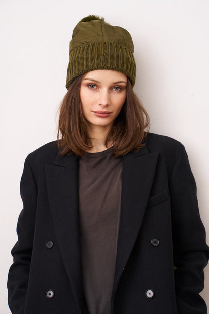 Olive Vintage Havana PUFFER POMPOM HAT - OLIVE