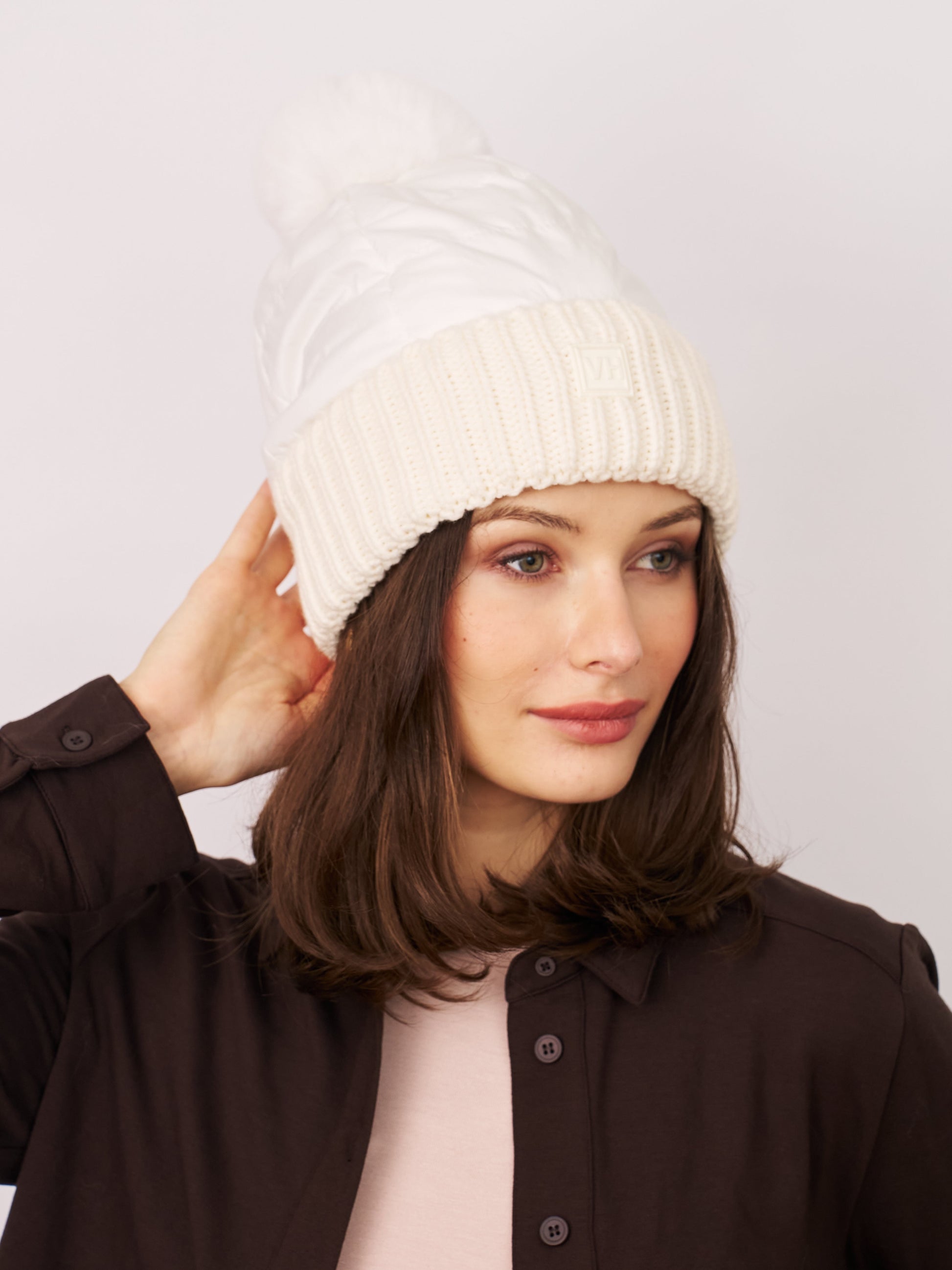 White Vintage Havana PUFFER POMPOM HAT - WHITE