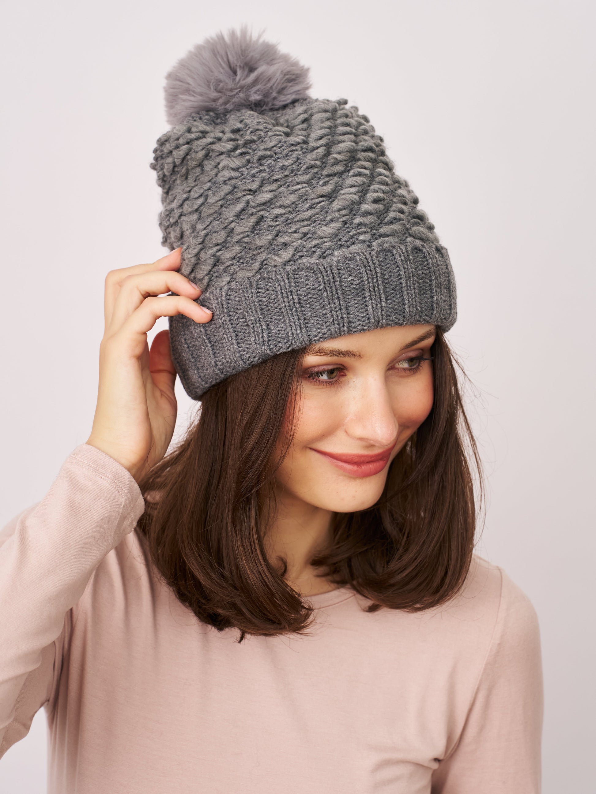Grey Vintage Havana TURN UP POMPOM HAT - GREY
