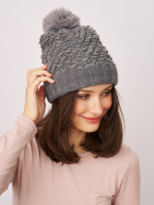 Grey Vintage Havana TURN UP POMPOM HAT - GREY