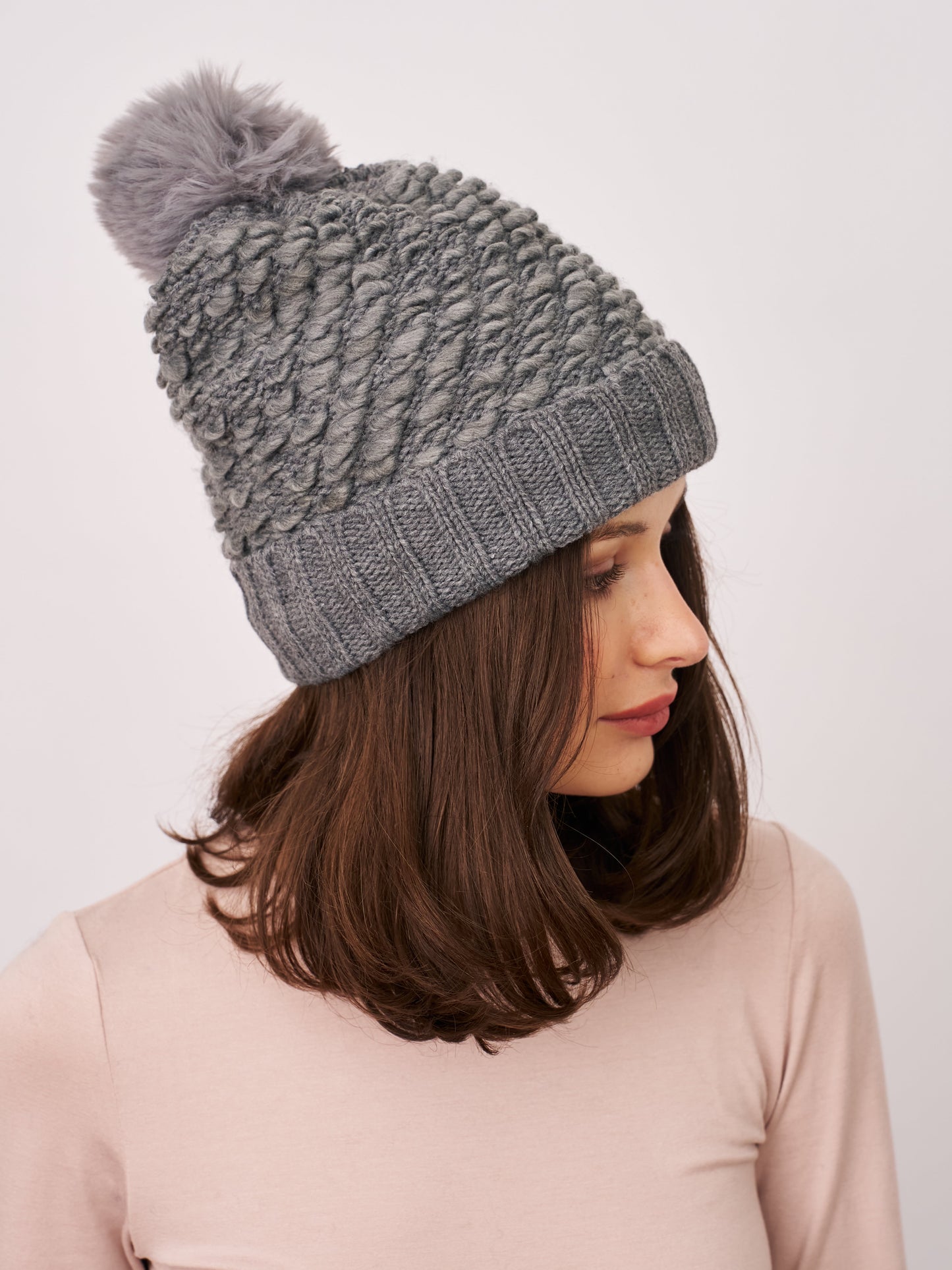 Grey Vintage Havana TURN UP POMPOM HAT - GREY