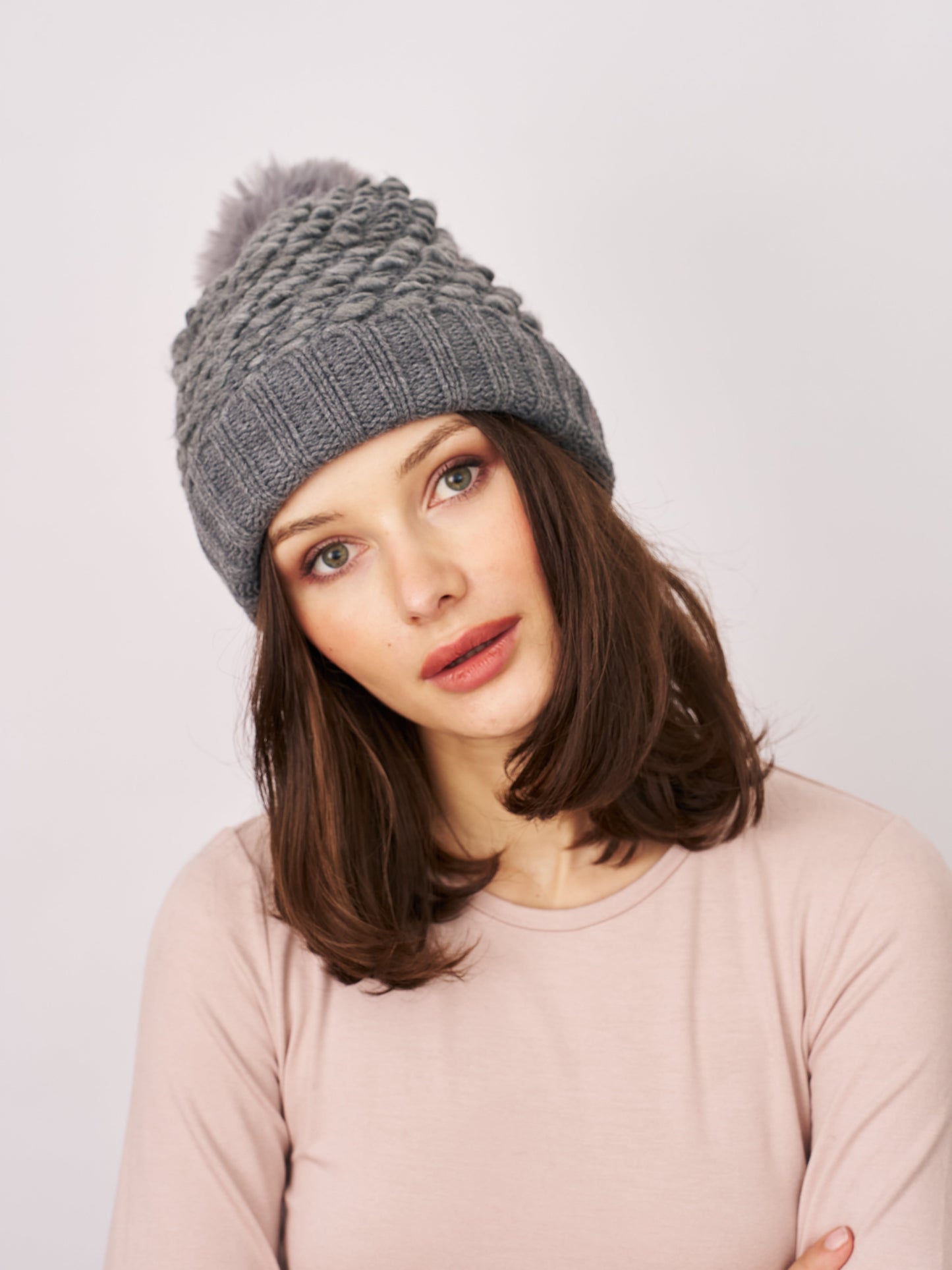 Grey Vintage Havana TURN UP POMPOM HAT - GREY