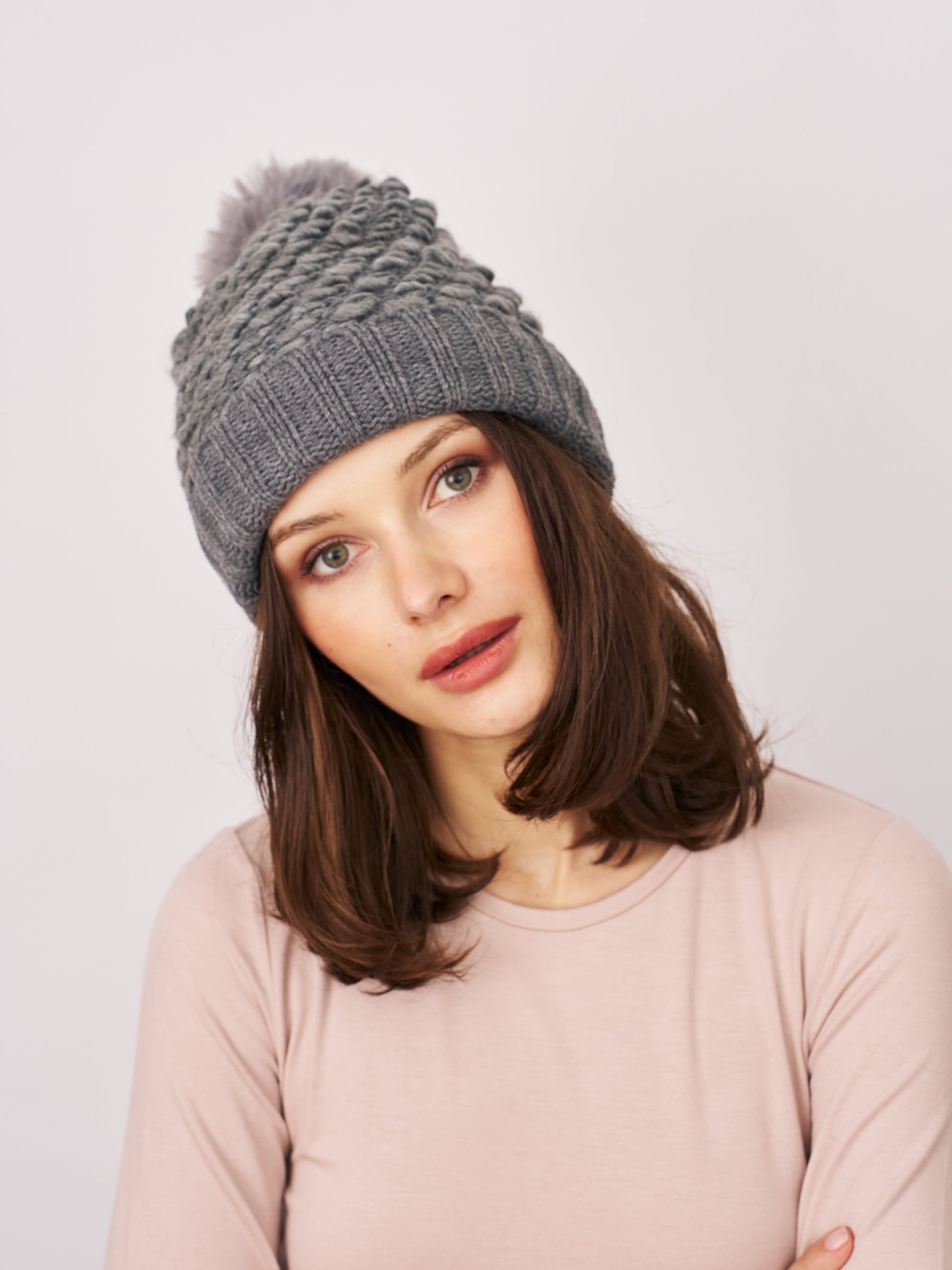 Grey Vintage Havana TURN UP POMPOM HAT - GREY
