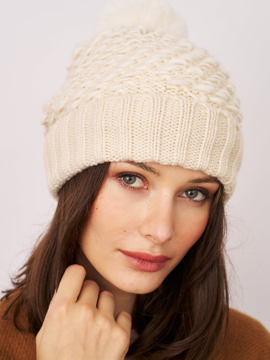 Cream Vintage Havana TURN UP POMPOM HAT - CREAM