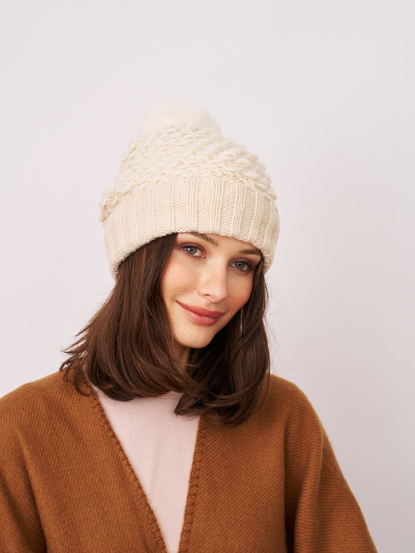 Cream Vintage Havana TURN UP POMPOM HAT - CREAM