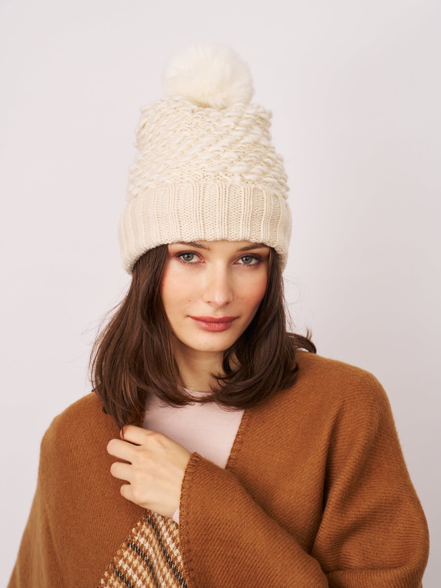 Cream Vintage Havana TURN UP POMPOM HAT - CREAM