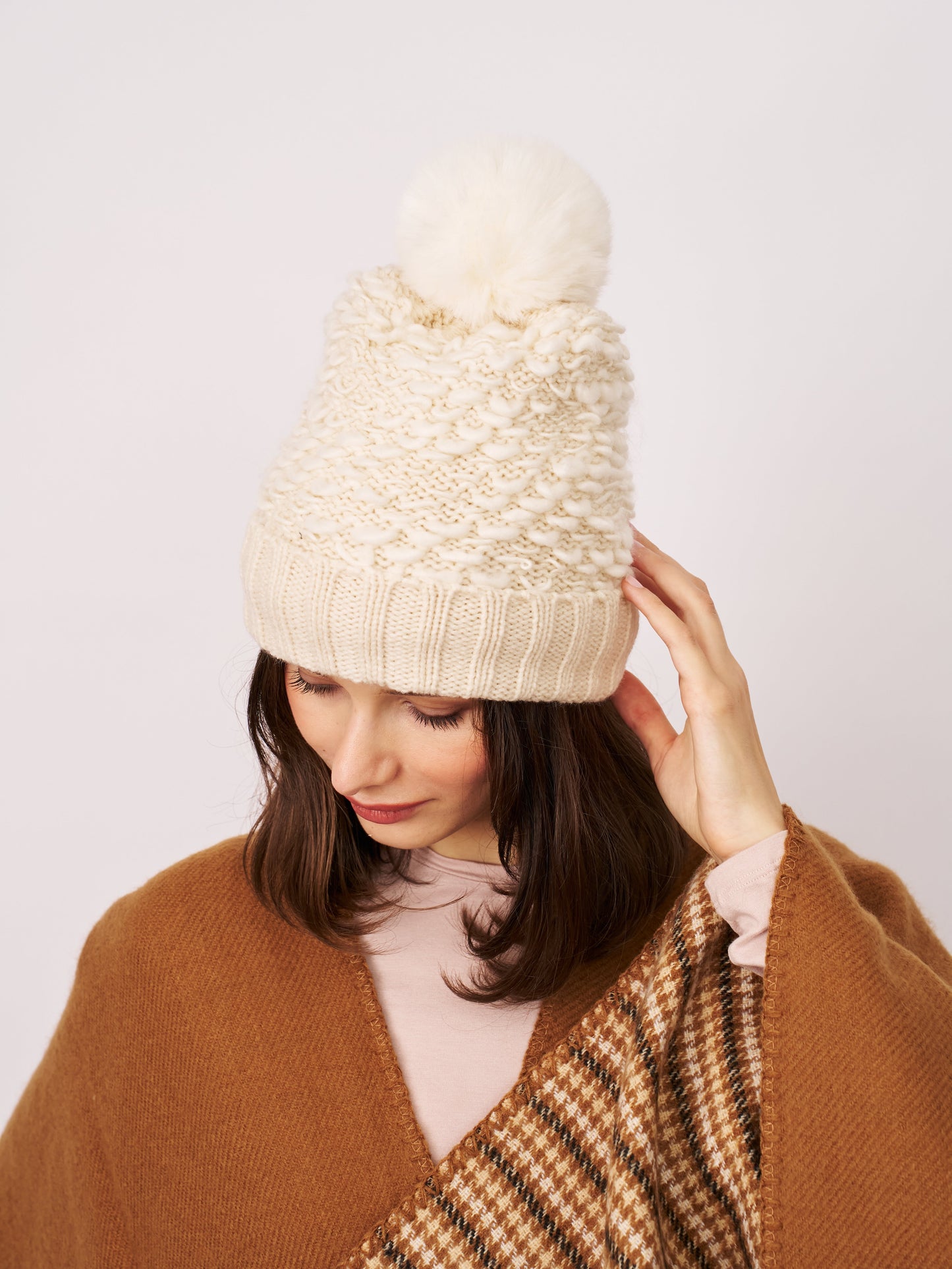 Cream Vintage Havana TURN UP POMPOM HAT - CREAM