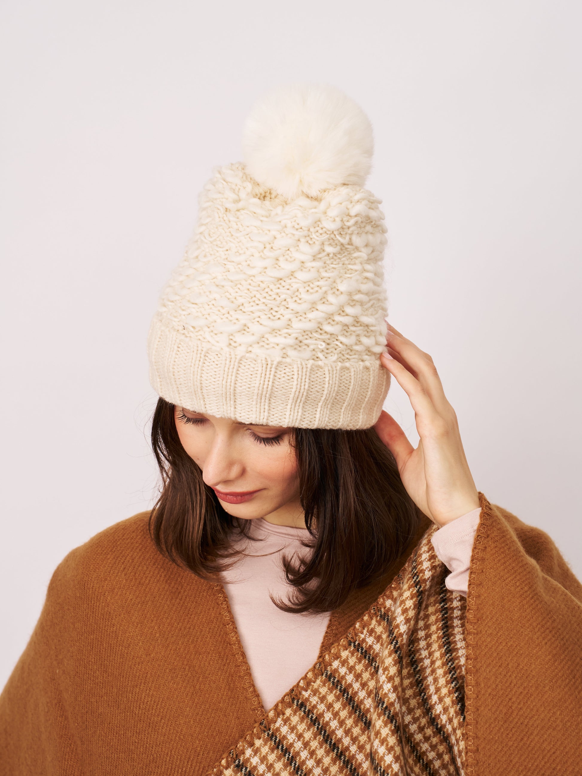 Cream Vintage Havana TURN UP POMPOM HAT - CREAM