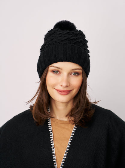 Black Vintage Havana TURN UP POMPOM HAT - BLACK