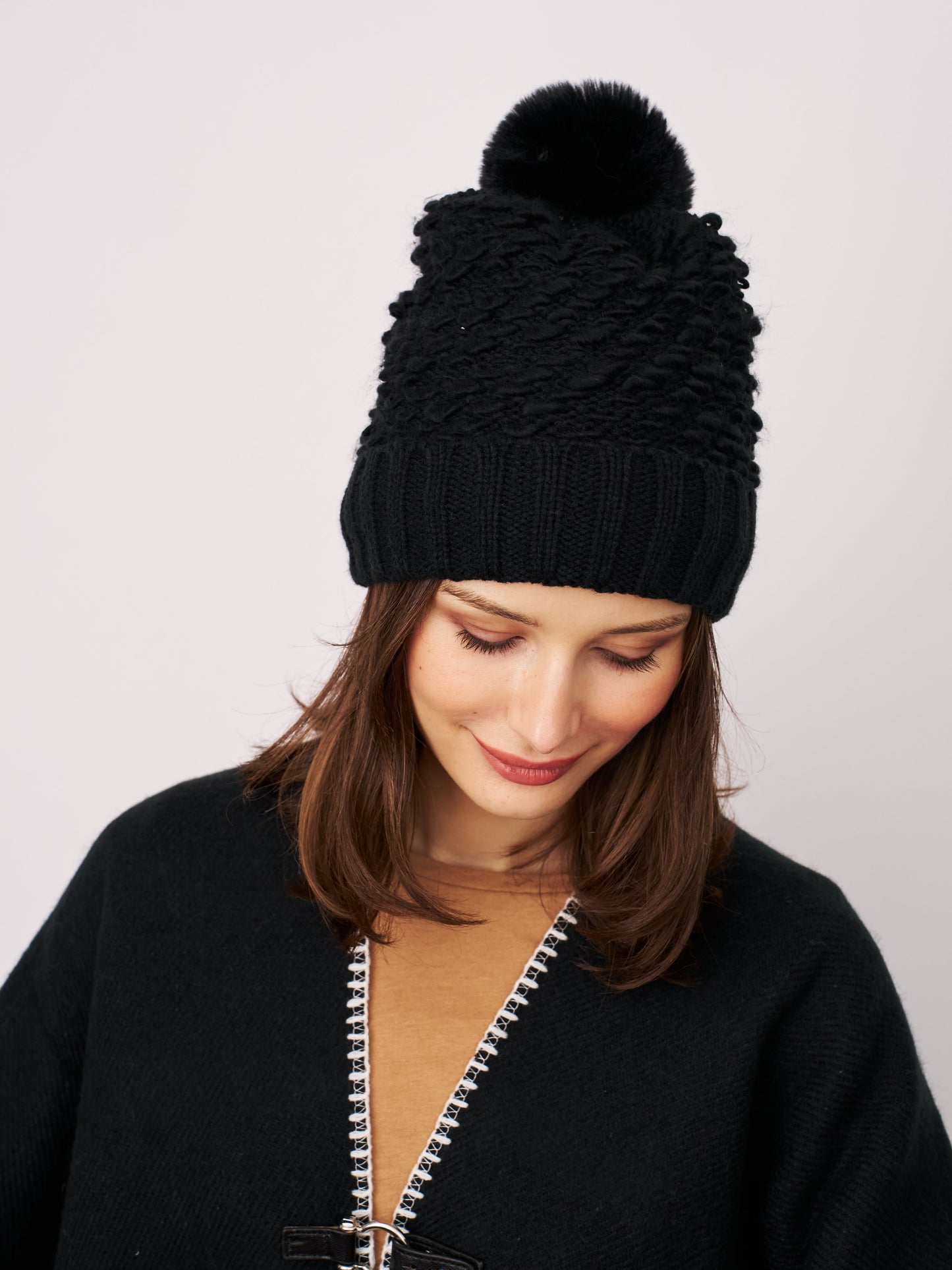 Black Vintage Havana TURN UP POMPOM HAT - BLACK