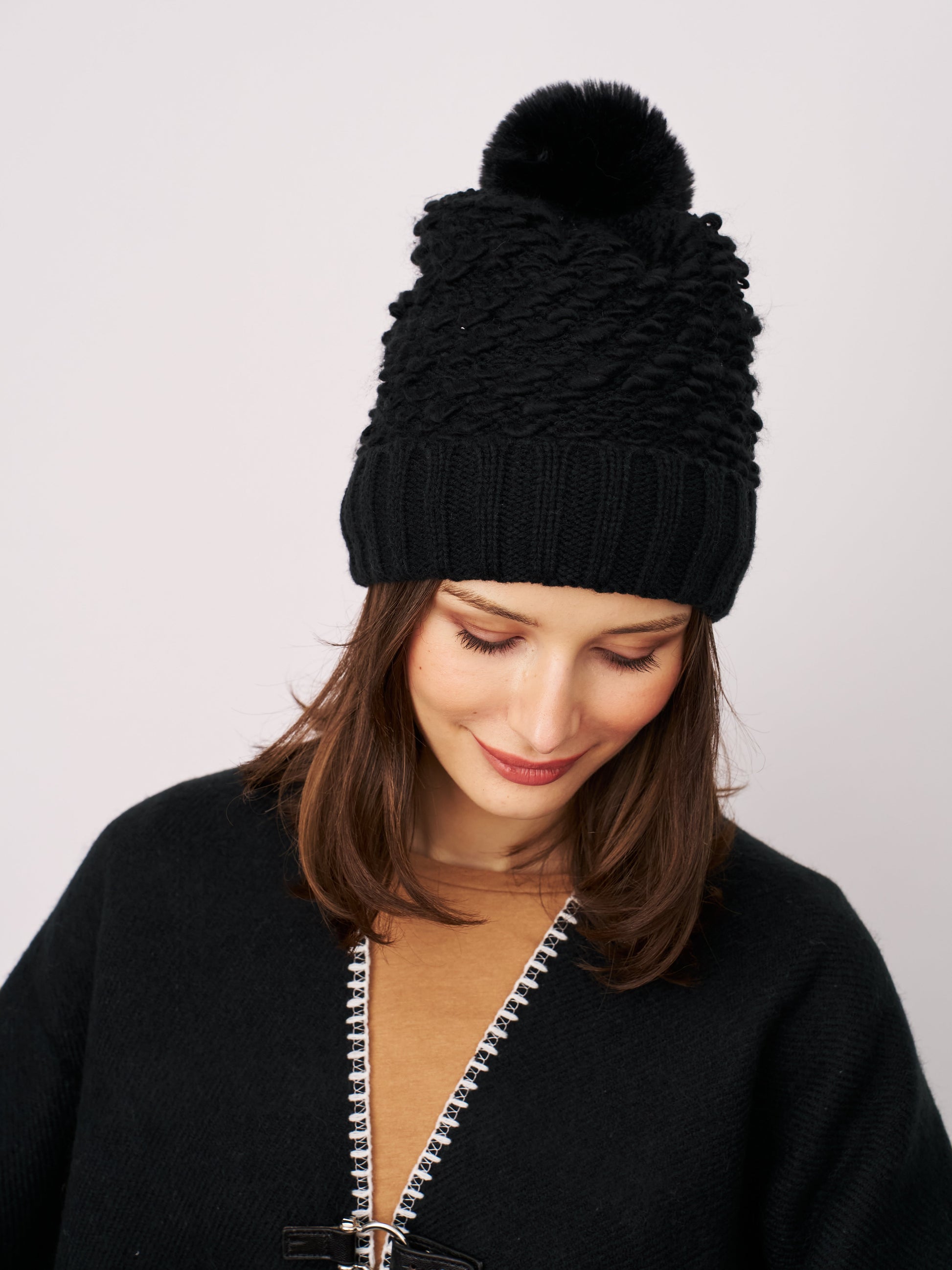 Black Vintage Havana TURN UP POMPOM HAT - BLACK