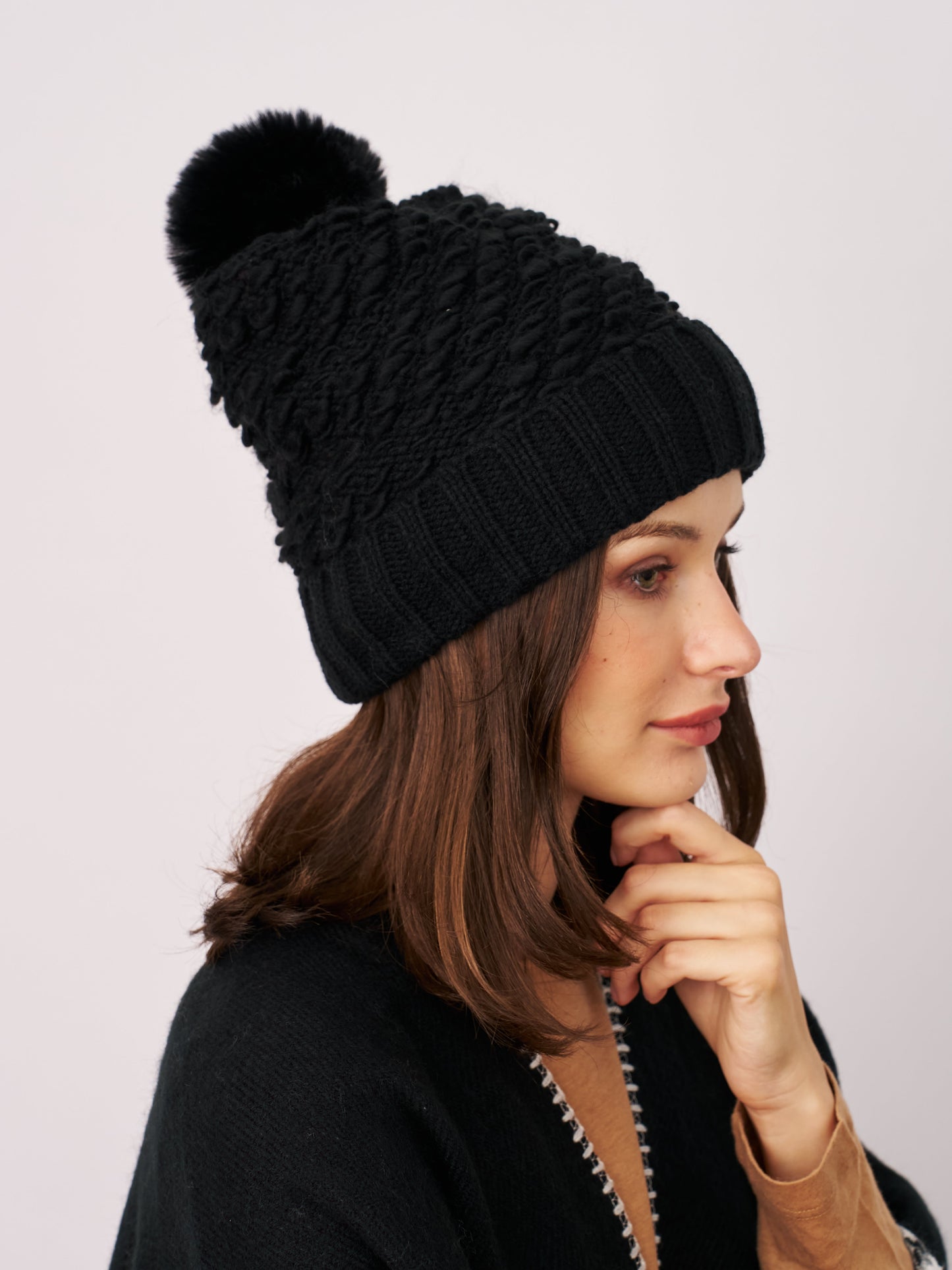 Black Vintage Havana TURN UP POMPOM HAT - BLACK