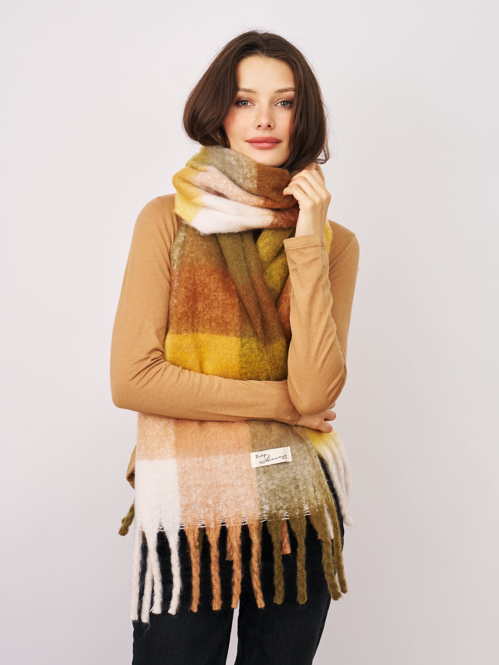 Yellow Vintage Havana CHECK BRUSH TASSEL SCARF - YELLOW