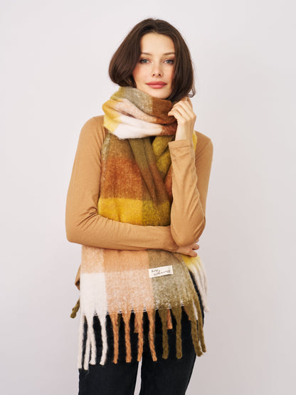 Yellow Vintage Havana CHECK BRUSH TASSEL SCARF - YELLOW