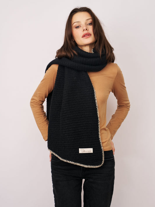 Black/Ivory Vintage Havana BLANKET STITCH KNIT SCARF - BLACK/IVORY