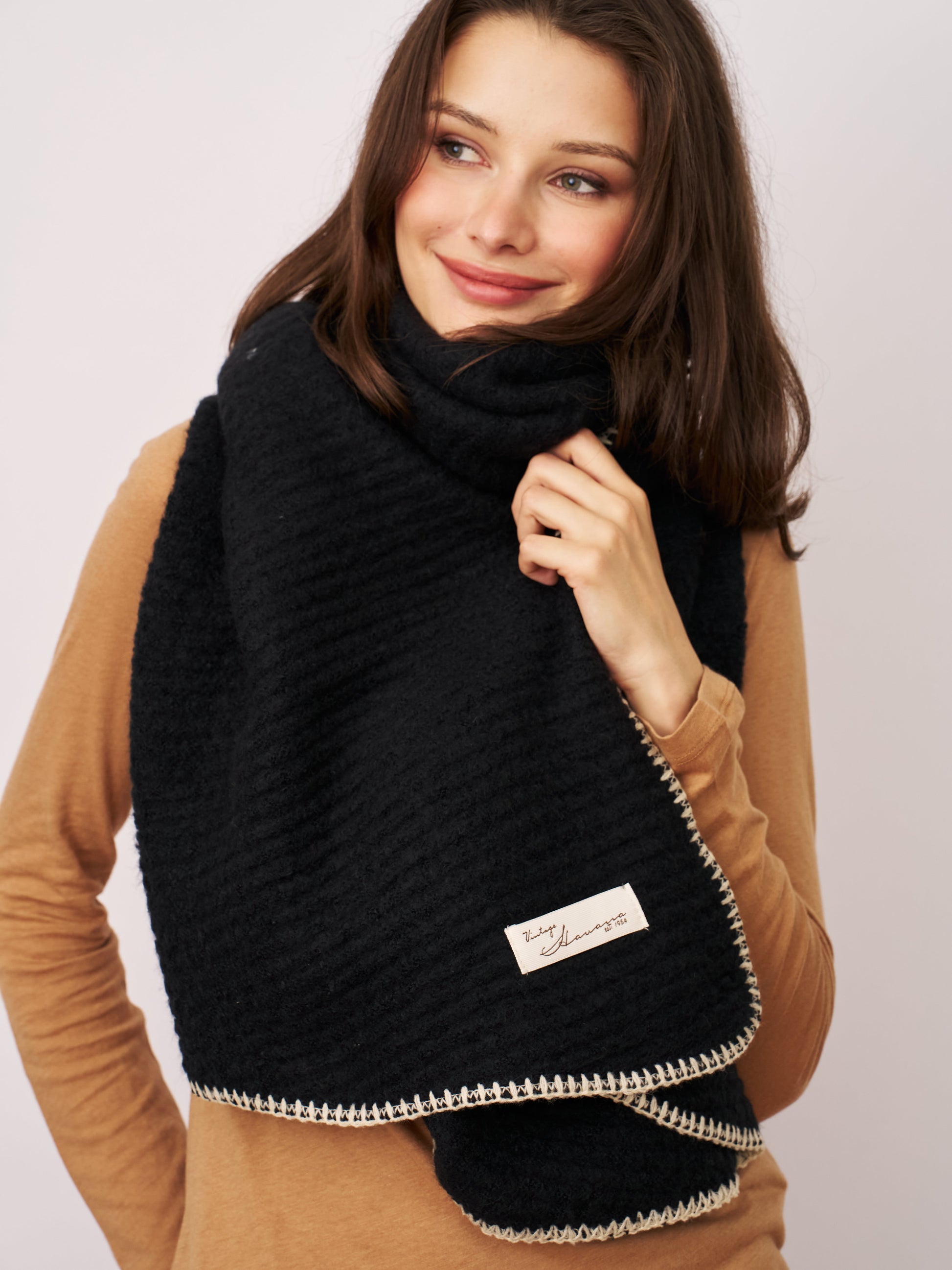 Black/Ivory Vintage Havana BLANKET STITCH KNIT SCARF - BLACK/IVORY
