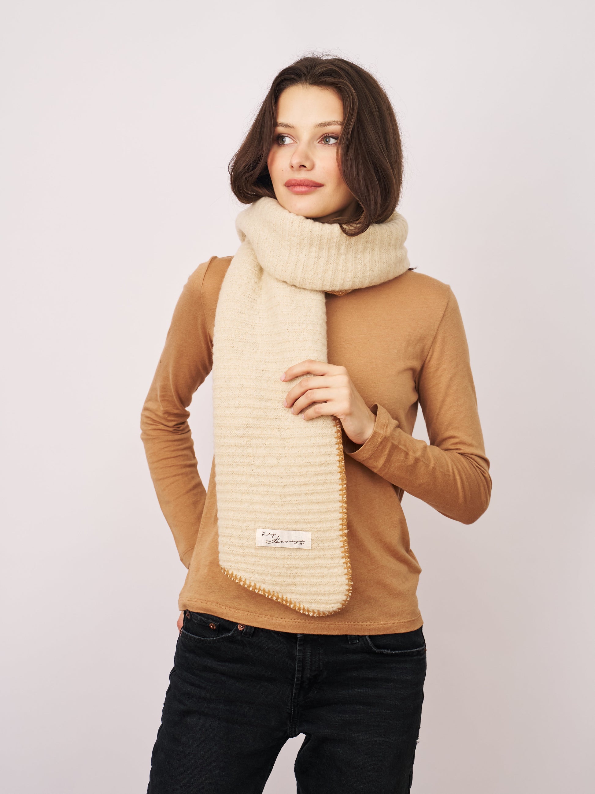 Ivory/Wheat Vintage Havana BLANKET STITCH KNIT SCARF - IVORY/WHEAT