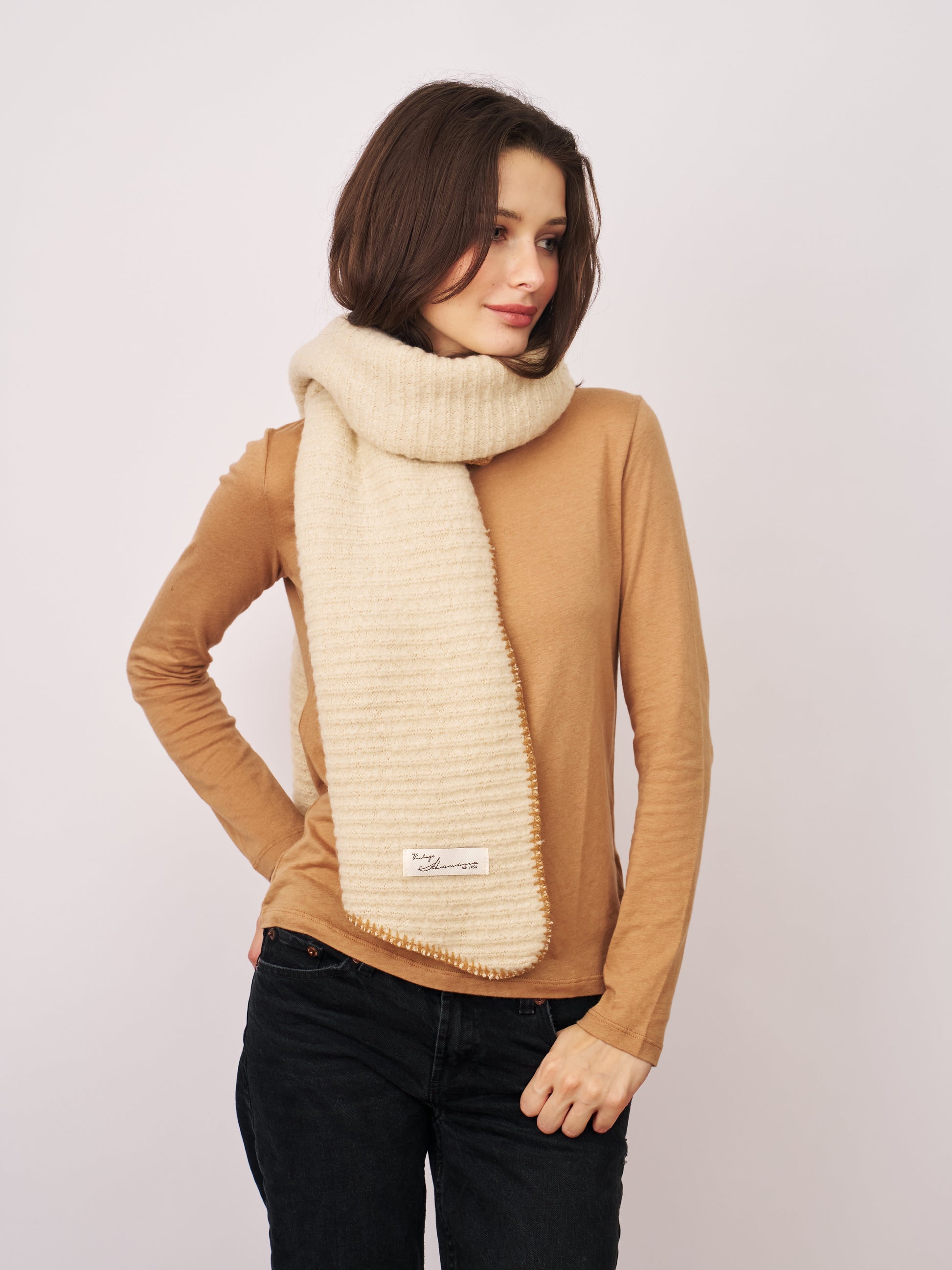 Ivory/Wheat Vintage Havana BLANKET STITCH KNIT SCARF - IVORY/WHEAT