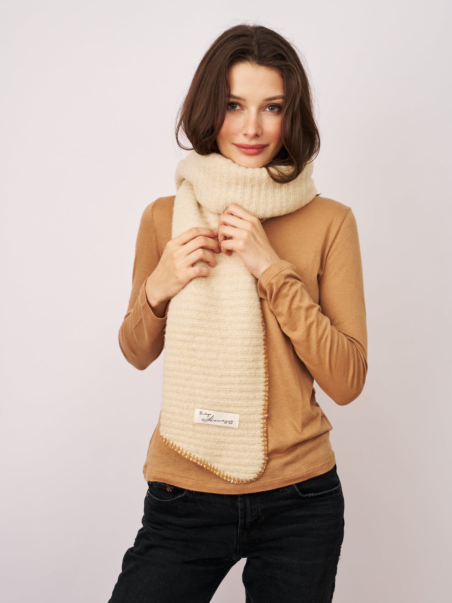 Ivory/Wheat Vintage Havana BLANKET STITCH KNIT SCARF - IVORY/WHEAT
