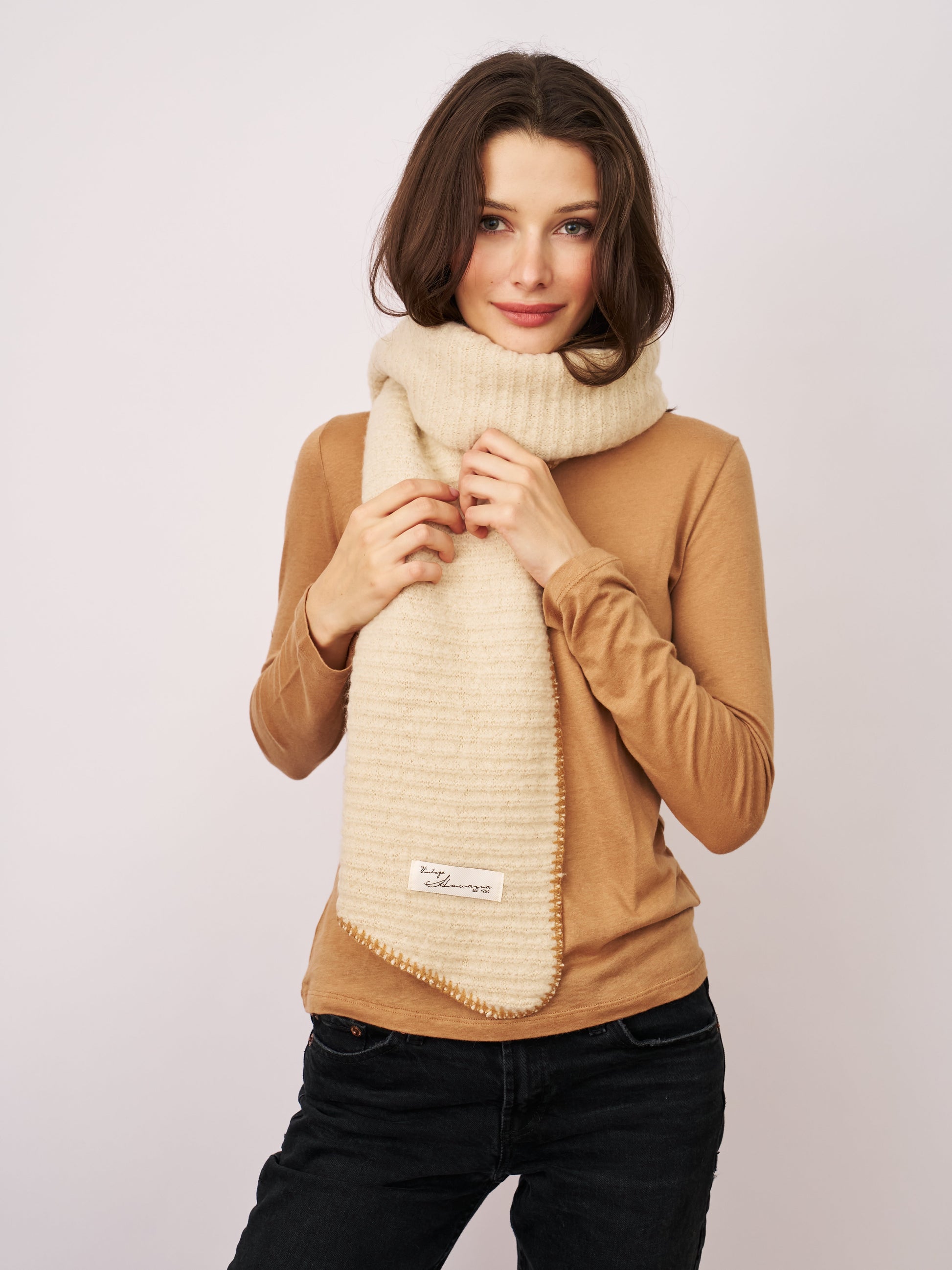 Ivory/Wheat Vintage Havana BLANKET STITCH KNIT SCARF - IVORY/WHEAT