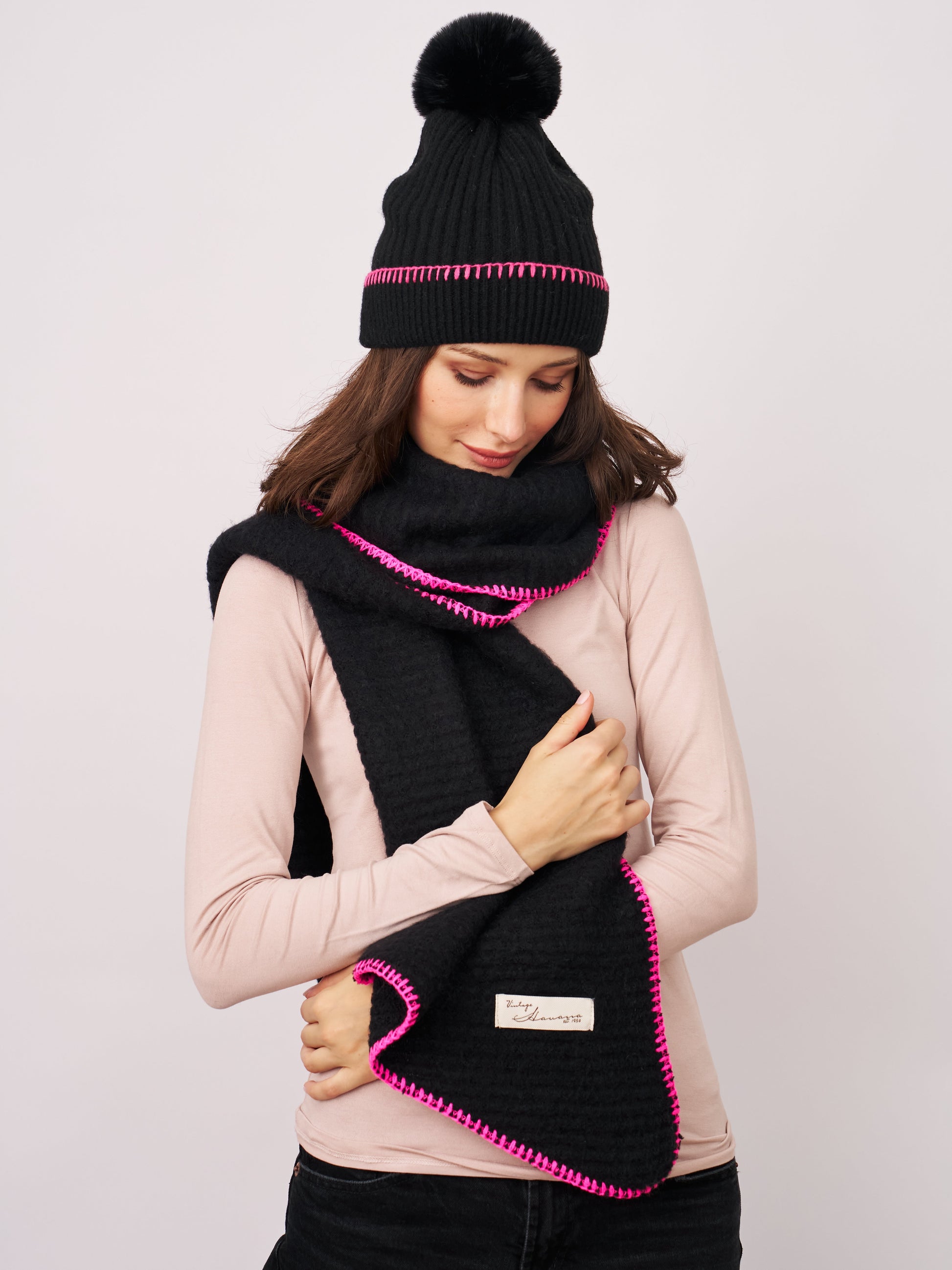 Black/B Pink Vintage Havana BLANKET STITCH KNIT SCARF - BLACK/B PINK